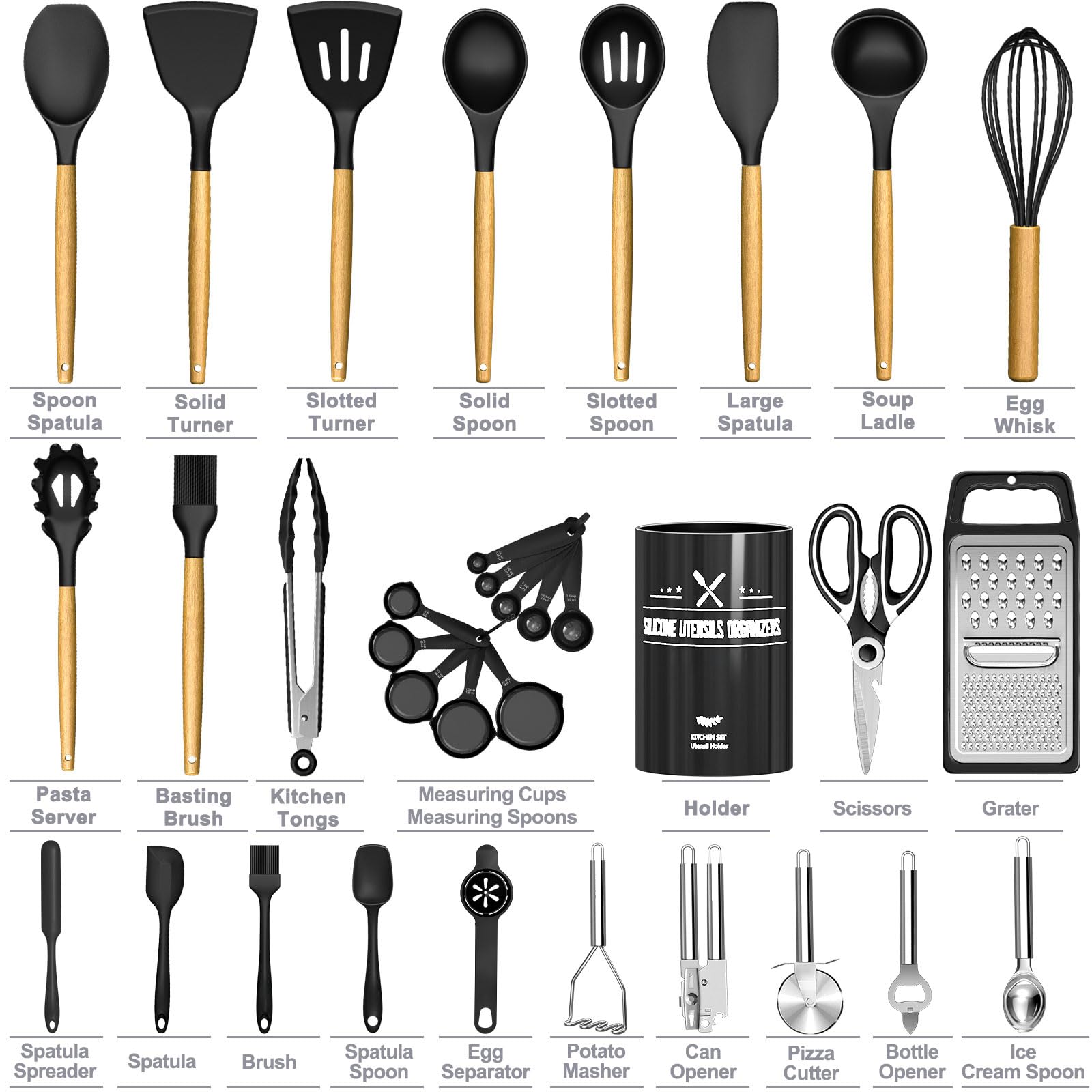 34-Piece Silicone Kitchen Utensils Set with Wooden Handles