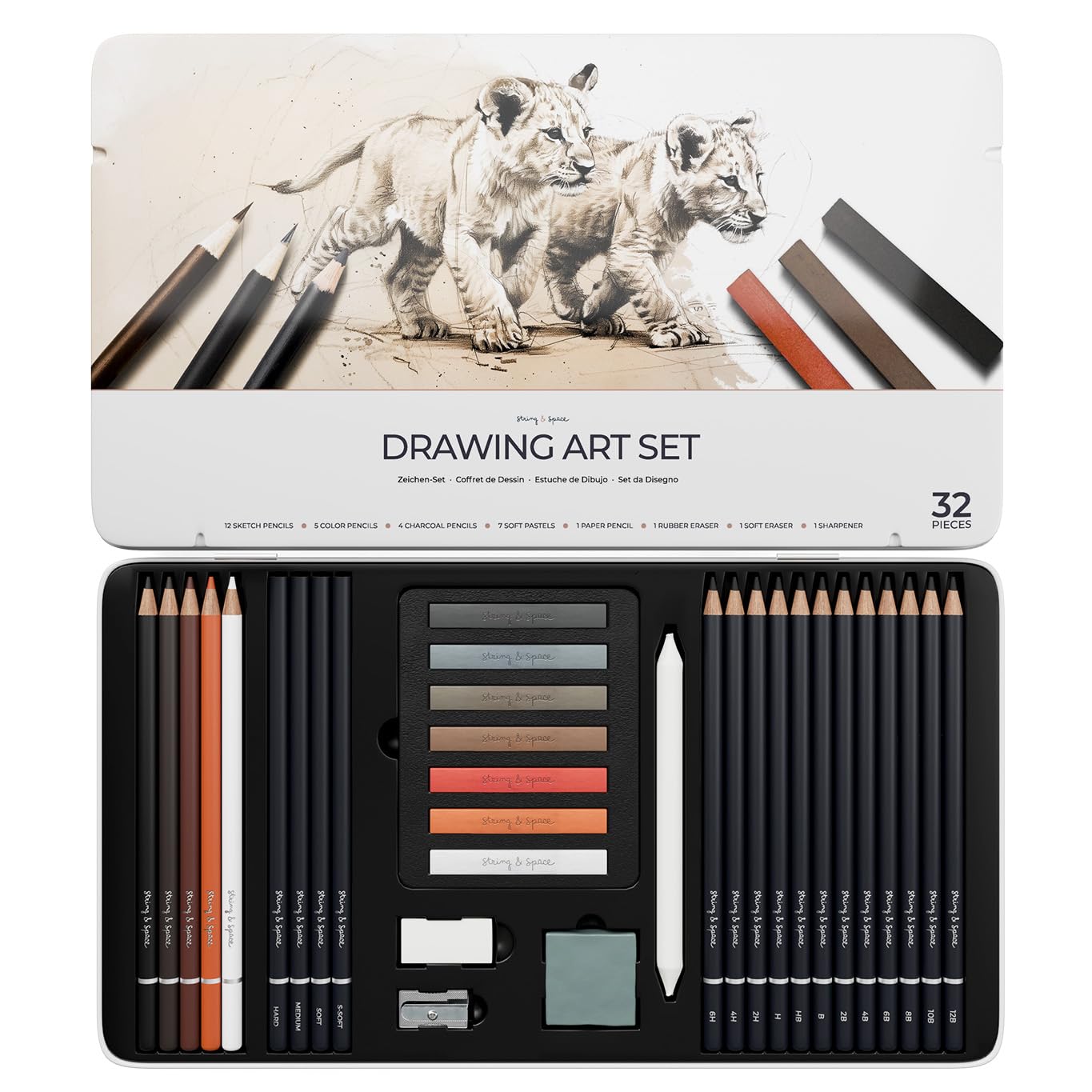 String & Space 32pc Professional Drawing Set – Graphite & Charcoal Kit