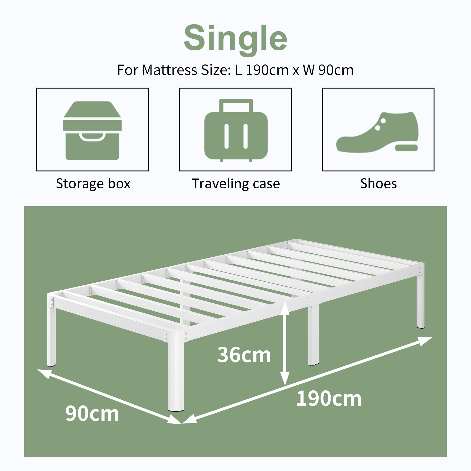 Lutown 3ft Single Metal Bed Frame - Heavy Duty Steel Slats, White