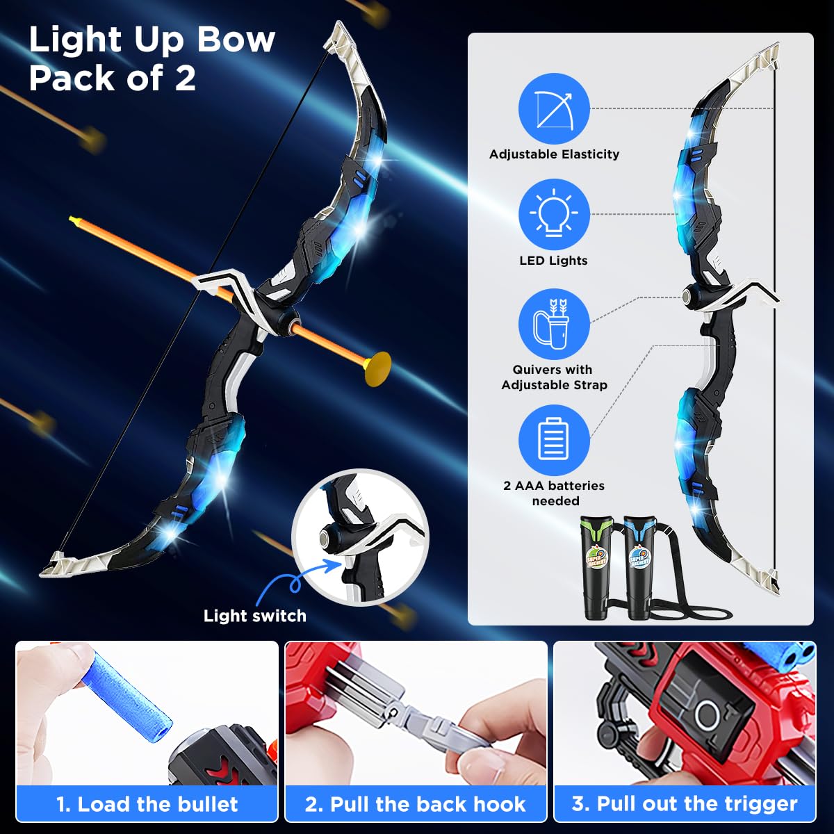 VATOS 2-Pack Archery Set for Kids – Light Up Bow and Arrow Toy with Target