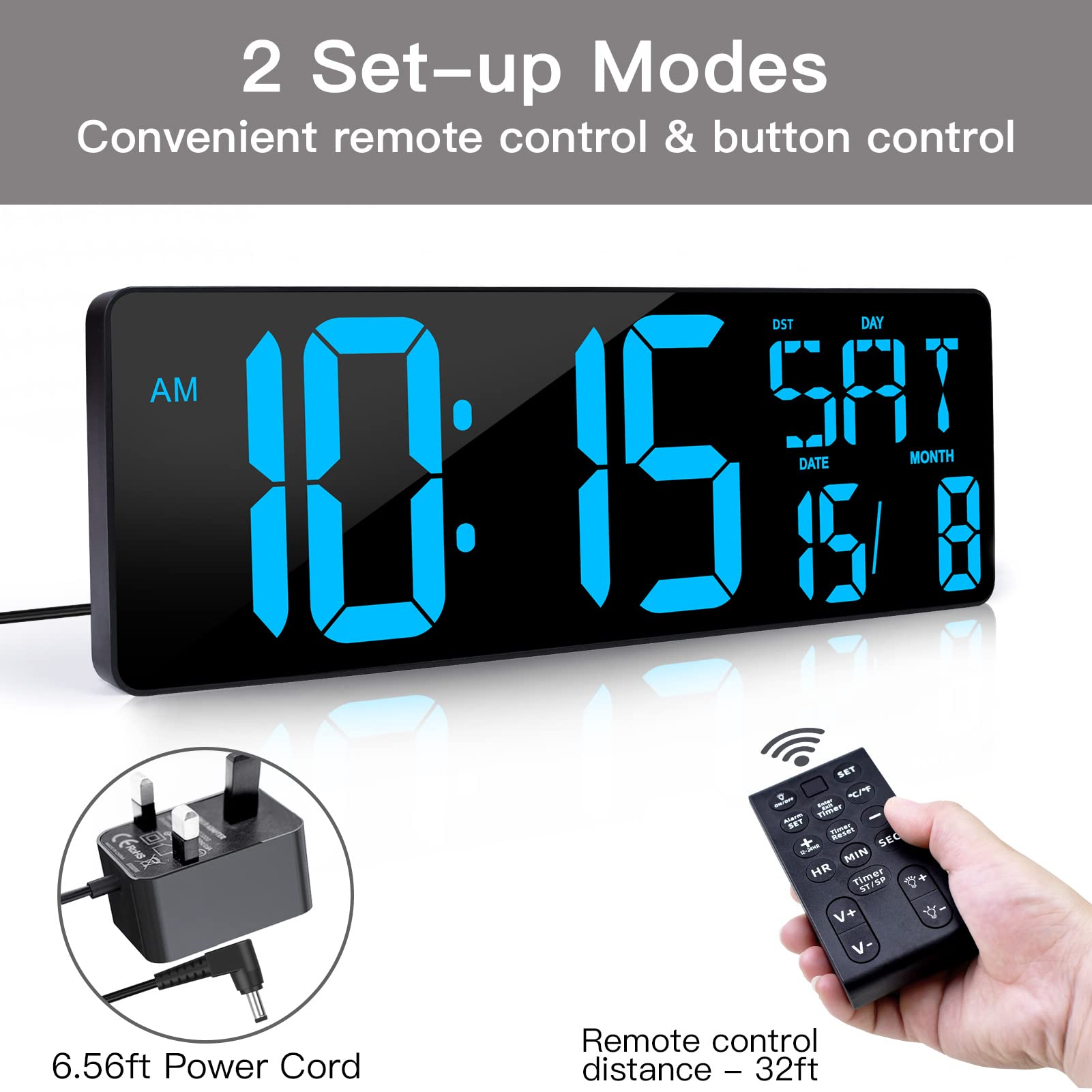 XREXS 16.5 Inch Digital Wall Clock | LED Large Display with Remote Control
