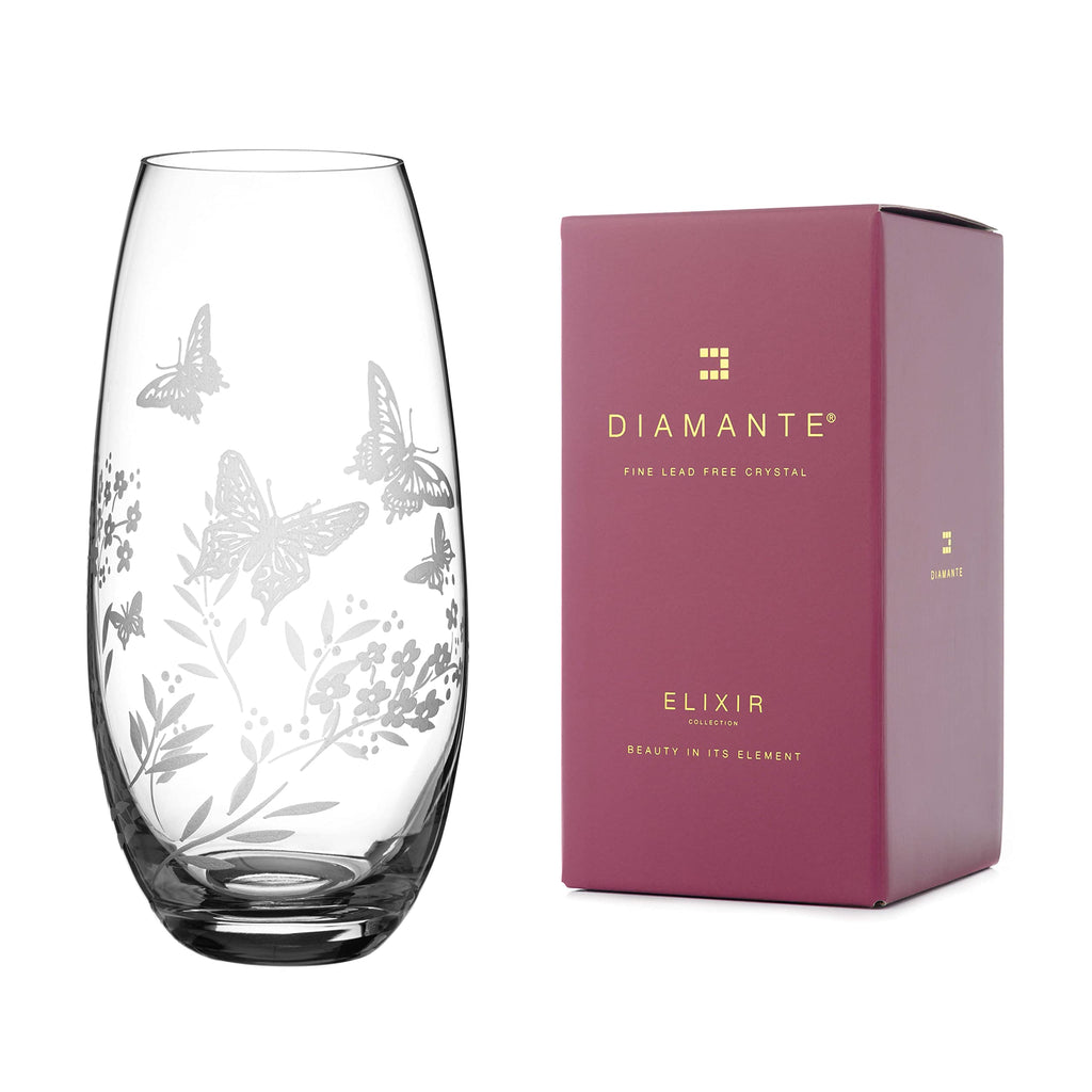 DIAMANTE Crystal Butterfly Vase – Hand Etched Floral Barrel Vase, 25cm