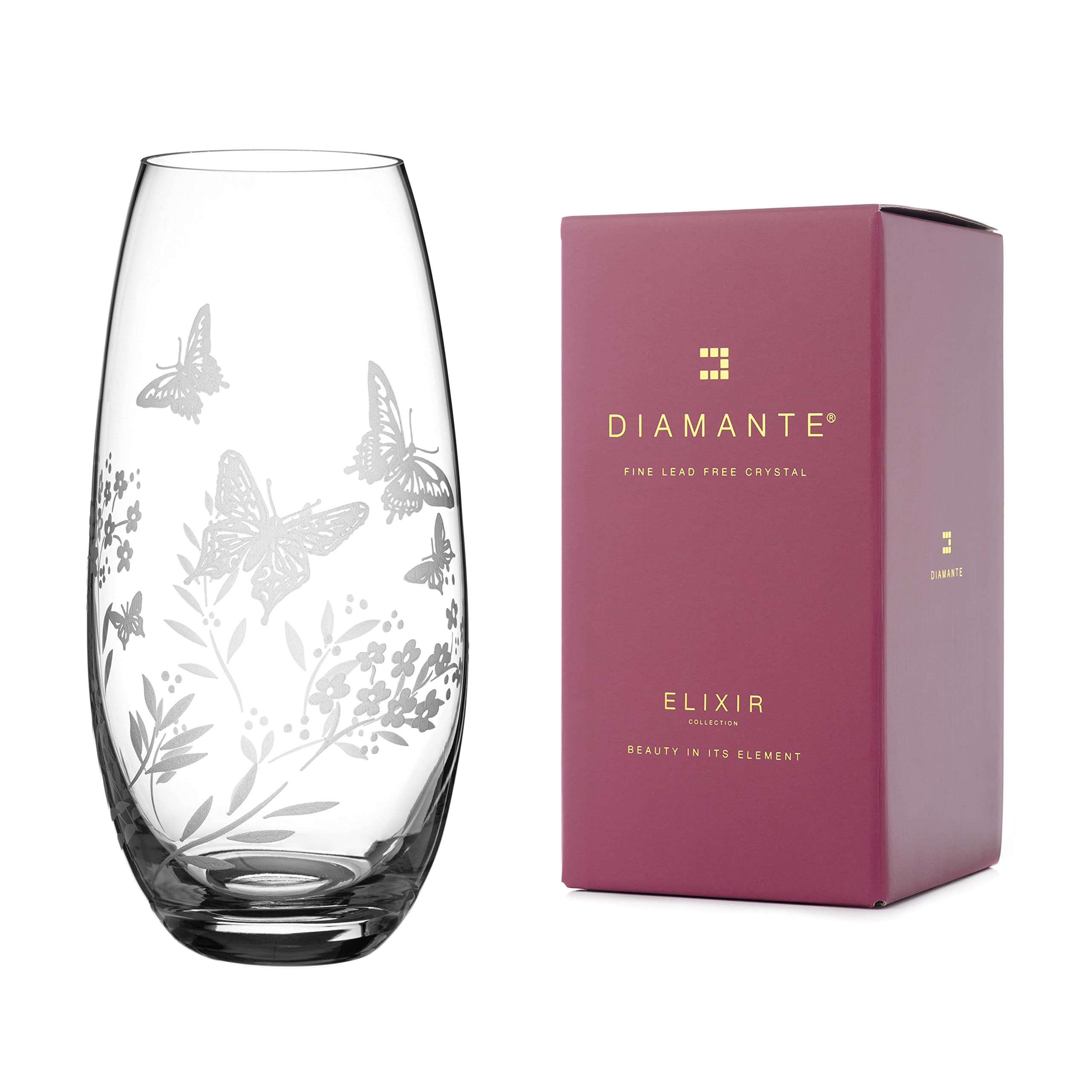 DIAMANTE Crystal Butterfly Vase – Hand Etched Floral Barrel Vase, 25cm