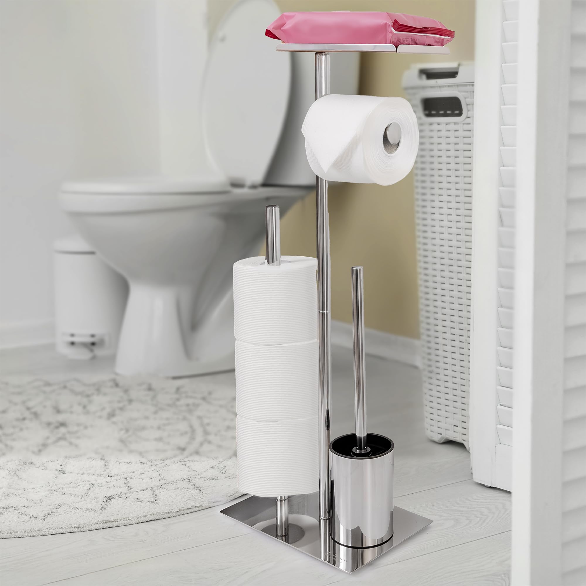 Freestanding Toilet Roll Holder with Brush & Phone Shelf