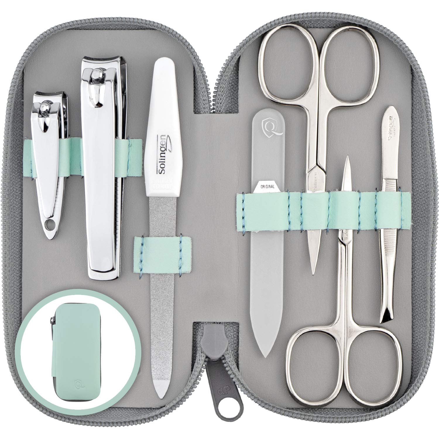 Solingen 7-Piece Manicure Set | Real Leather Case & Glass Nail File - Mint