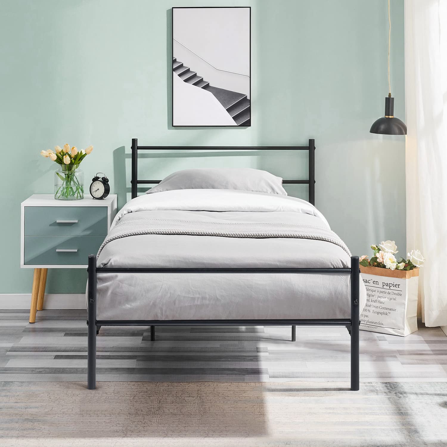 Twin Metal Platform Bed Frame with Headboard & Storage, Black