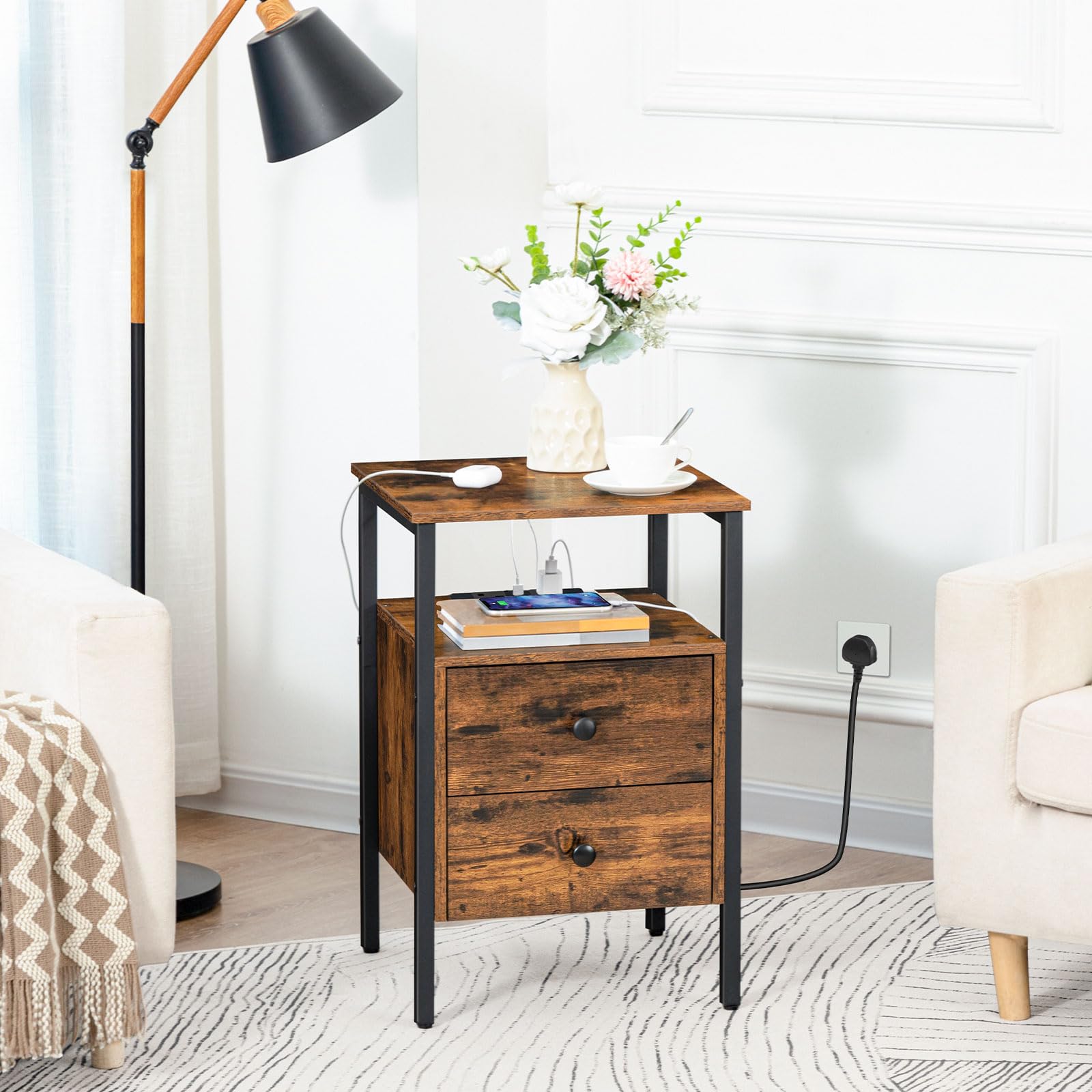 HOOBRO Bedside Table with Charging Station | 2-Drawer Rustic Nightstand
