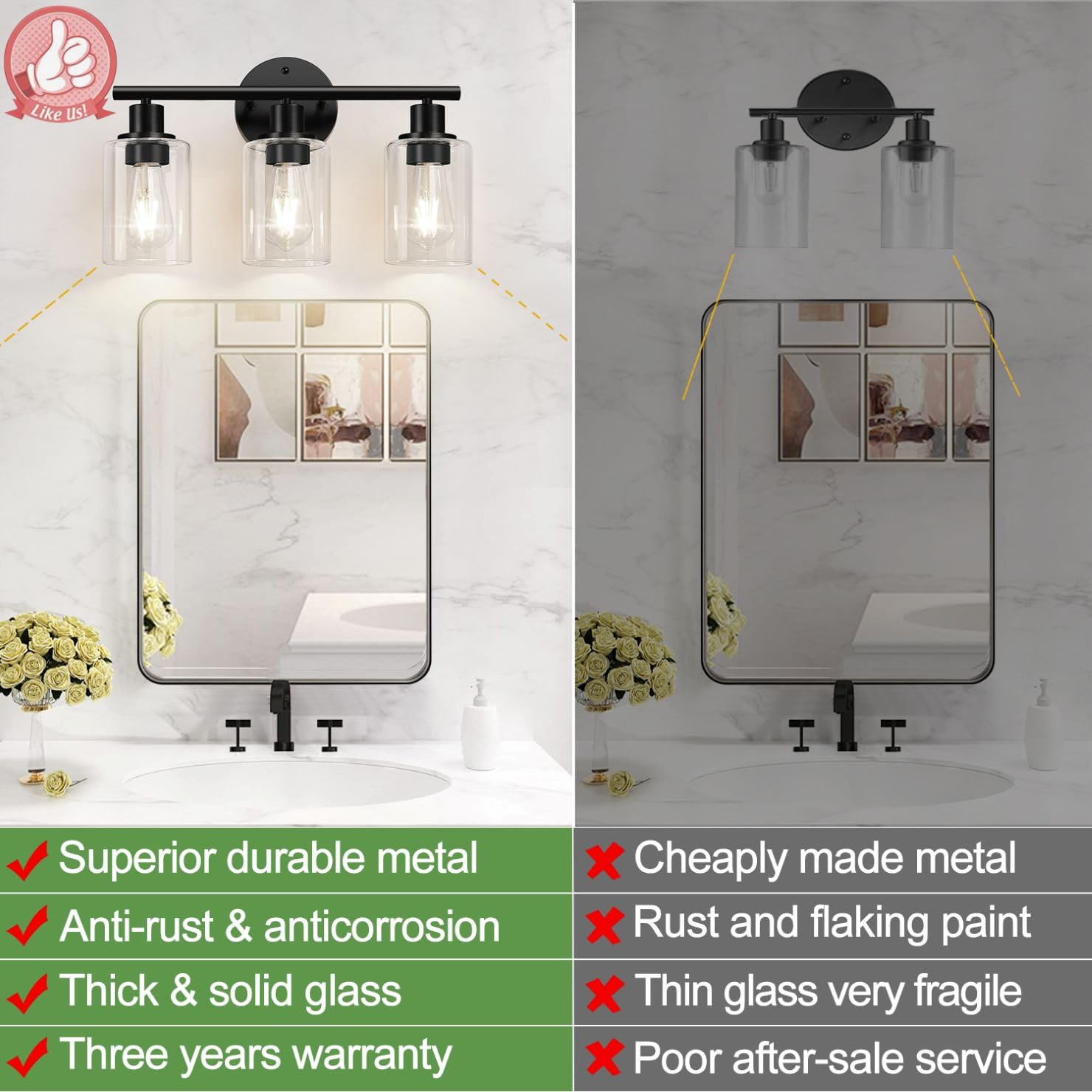 ZASTION 3-Light Black Bathroom Vanity Light with Clear Glass Shade