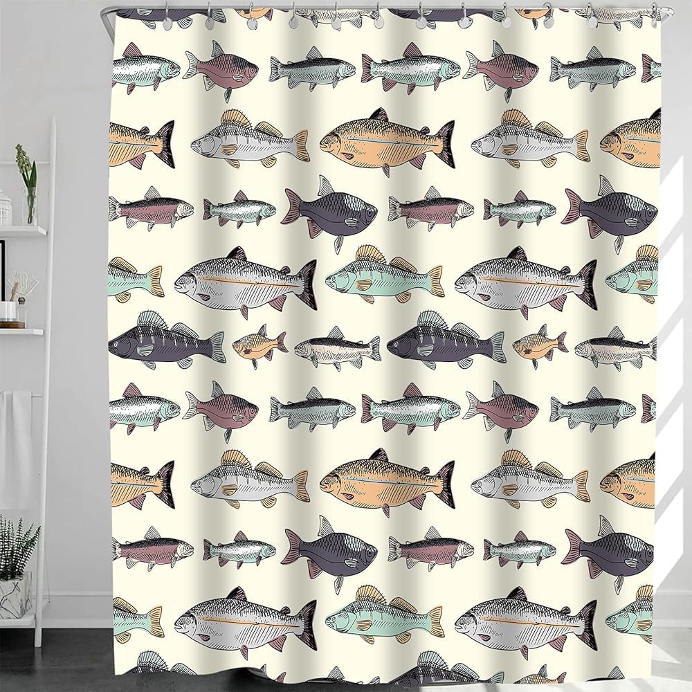 GardEssere Fish Shower Curtain | Waterproof Blue Vintage Fishing Decor