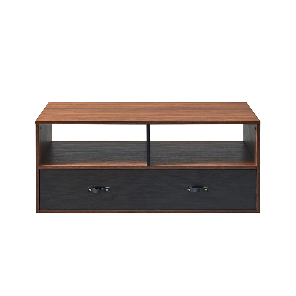 Teamson Home Modern Wooden Rectangular Coffee Table with Drawers and Storage with Leather Handle, Multi Function Coffee Table or TV Stand, Brown/Black