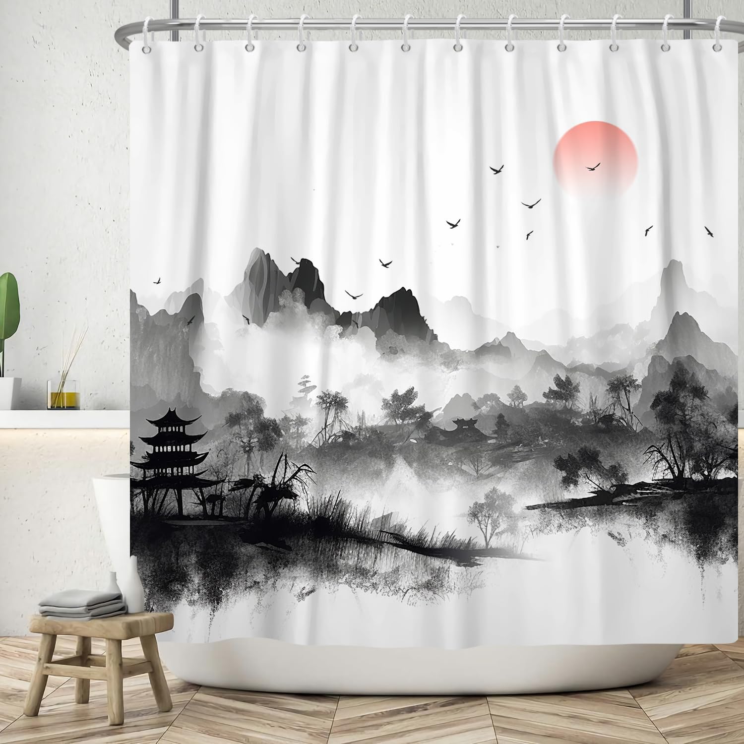 Jolof Store Chinese Ink Painting Shower Curtain - Waterproof Polyester