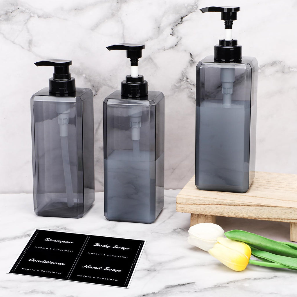 Segus Hand Wash Dispenser, 3 Pieces 800ml Grey Soap Dispenser, Refillable Shampoo Bottles with Pump, Bathroom Bottles with Labels, for Hotel, School - image 5