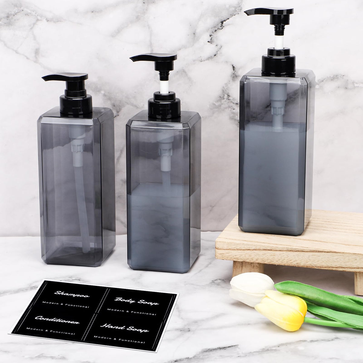 Segus Hand Wash Dispenser, 3 Pieces 800ml Grey Soap Dispenser, Refillable Shampoo Bottles with Pump, Bathroom Bottles with Labels, for Hotel, School - image 5