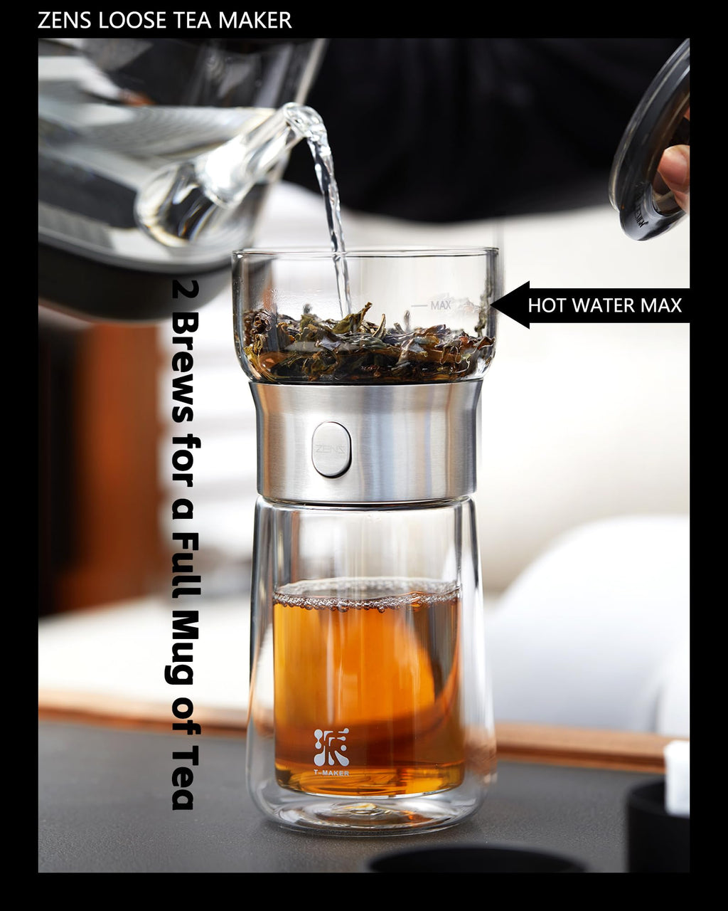 ZENS One Touch Glass Tea Infuser Teapot – 270ml Gongfu Brewer with Case