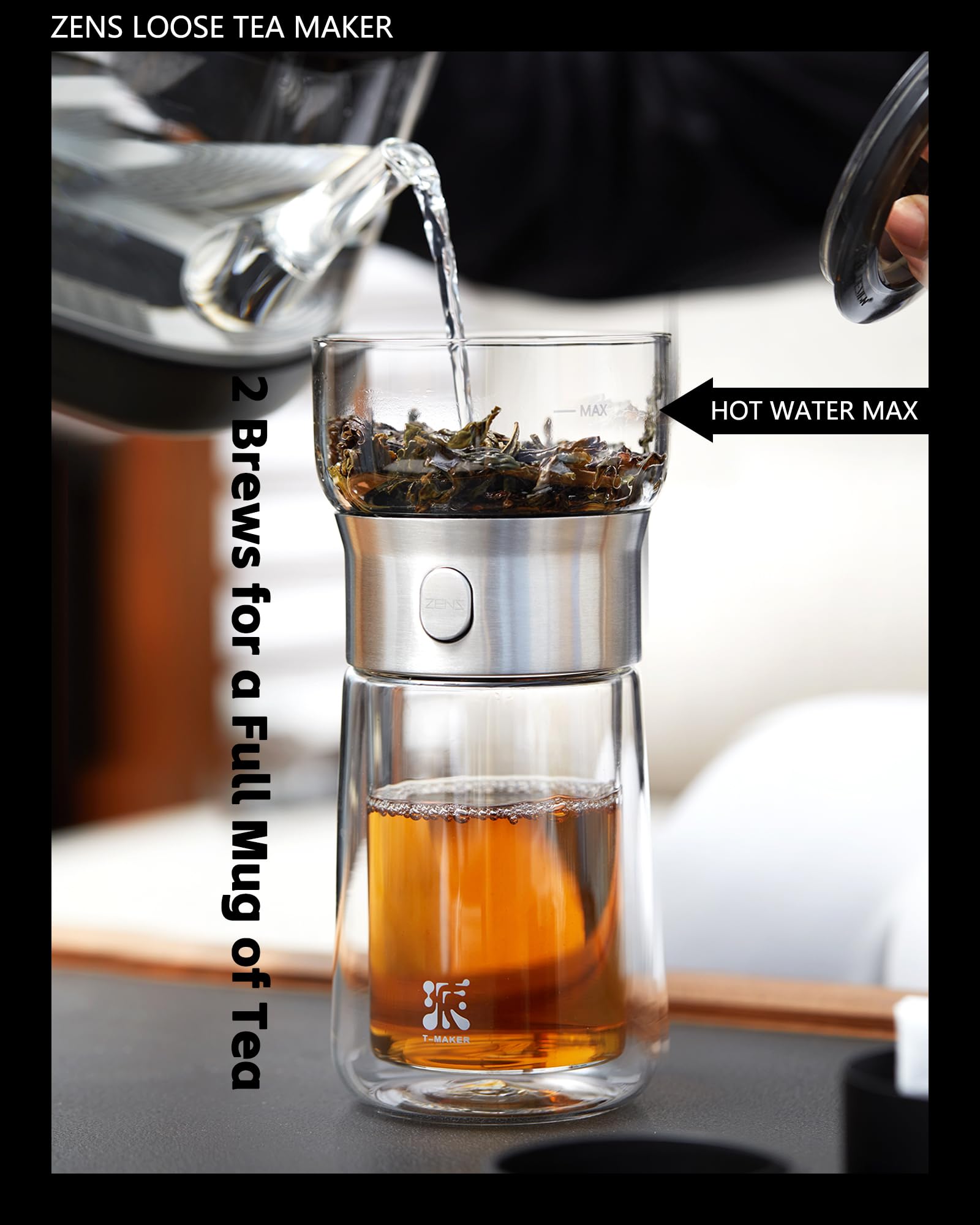 ZENS One Touch Glass Tea Infuser Teapot – 270ml Gongfu Brewer with Case