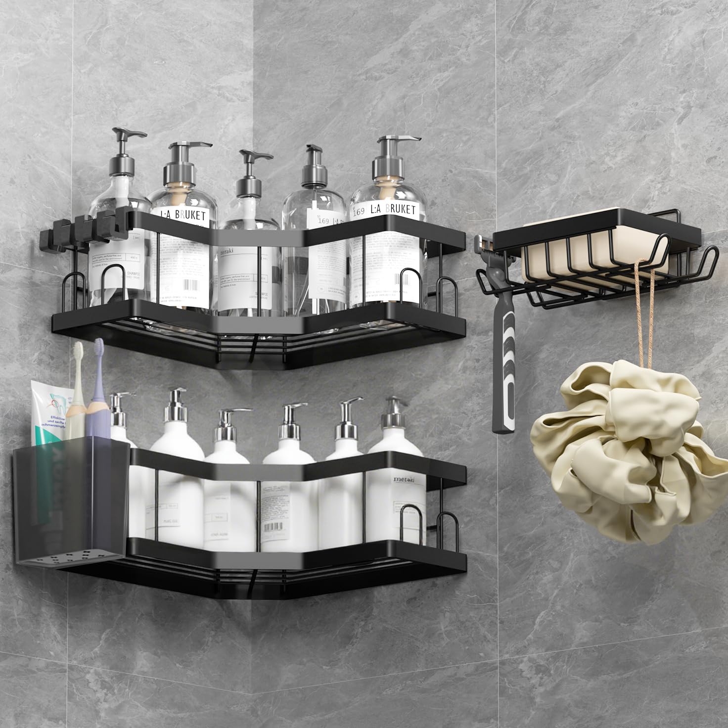 Shower Caddy – 4 Pack Black Carbon Steel Adhesive Shelves