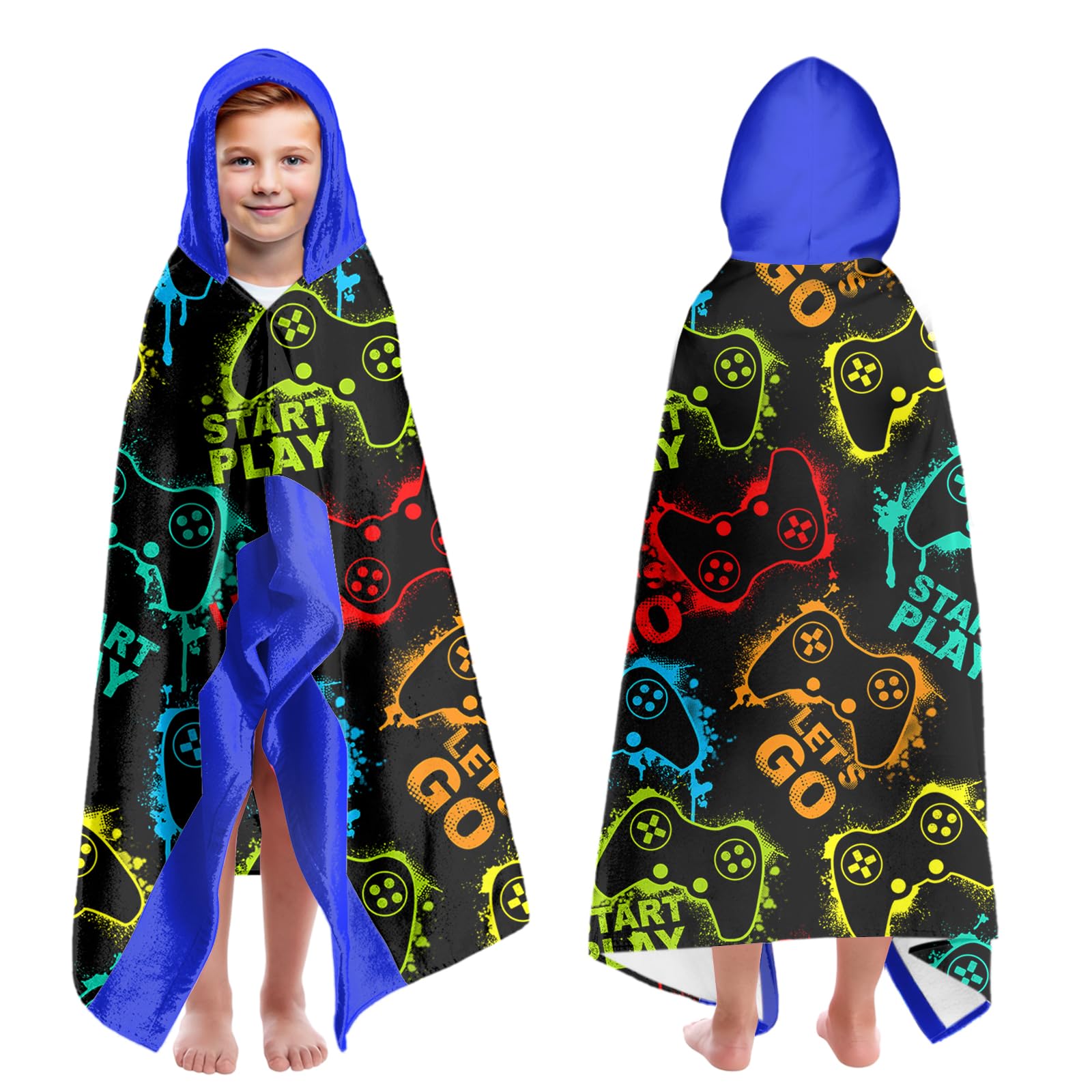 Jolof Store Kids Gamepad Hooded Beach Towel – Quick Dry Blue Bath Poncho
