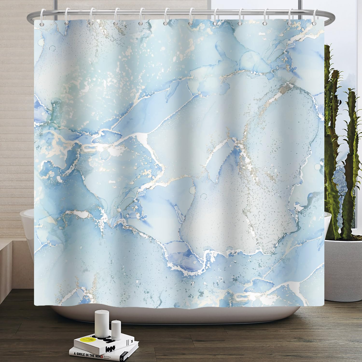 Jolof Store Blue Marble Shower Curtain – 183x183cm Waterproof Polyester