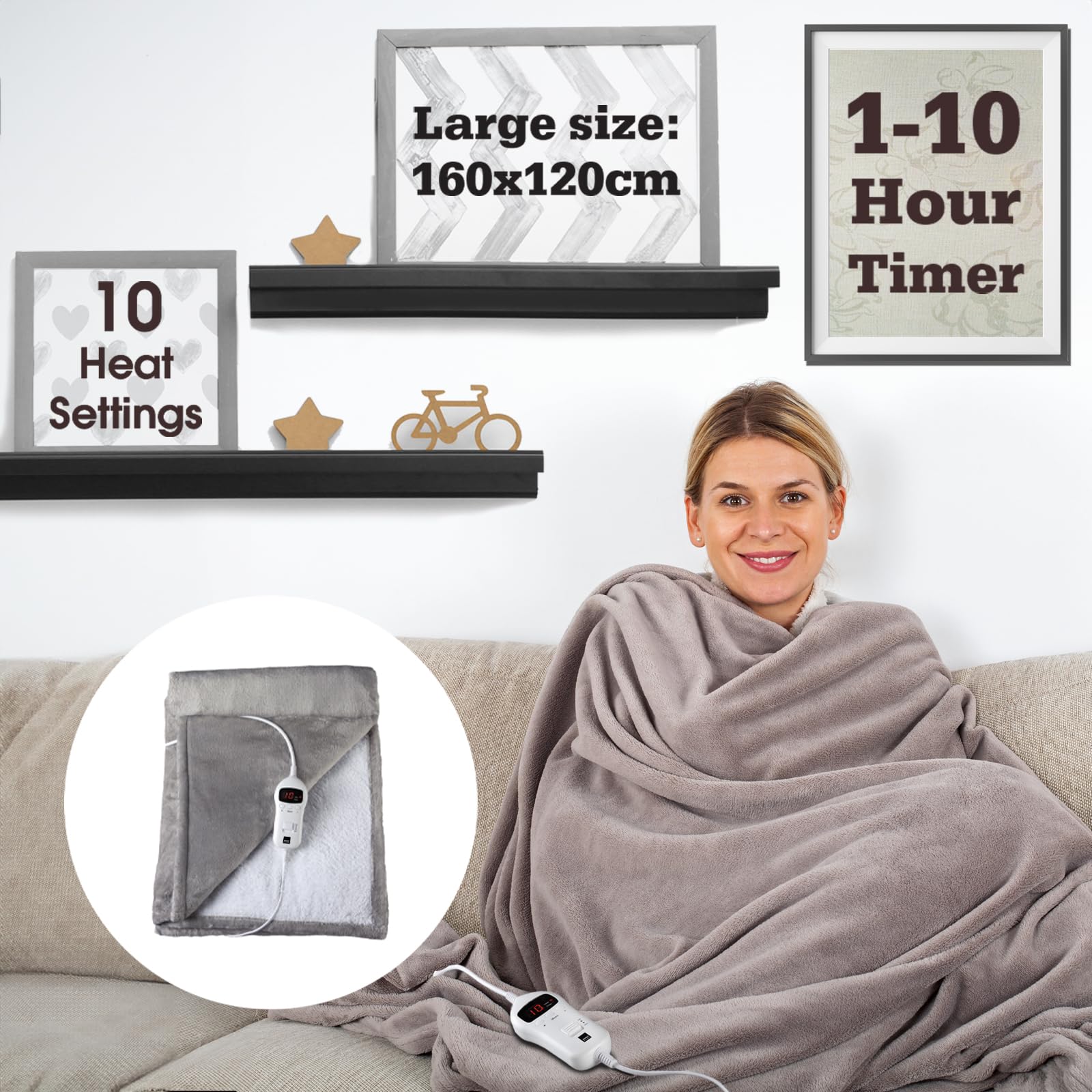 Sensio Home Luxury Heated Throw – Electric Flannel Fleece Blanket, Grey