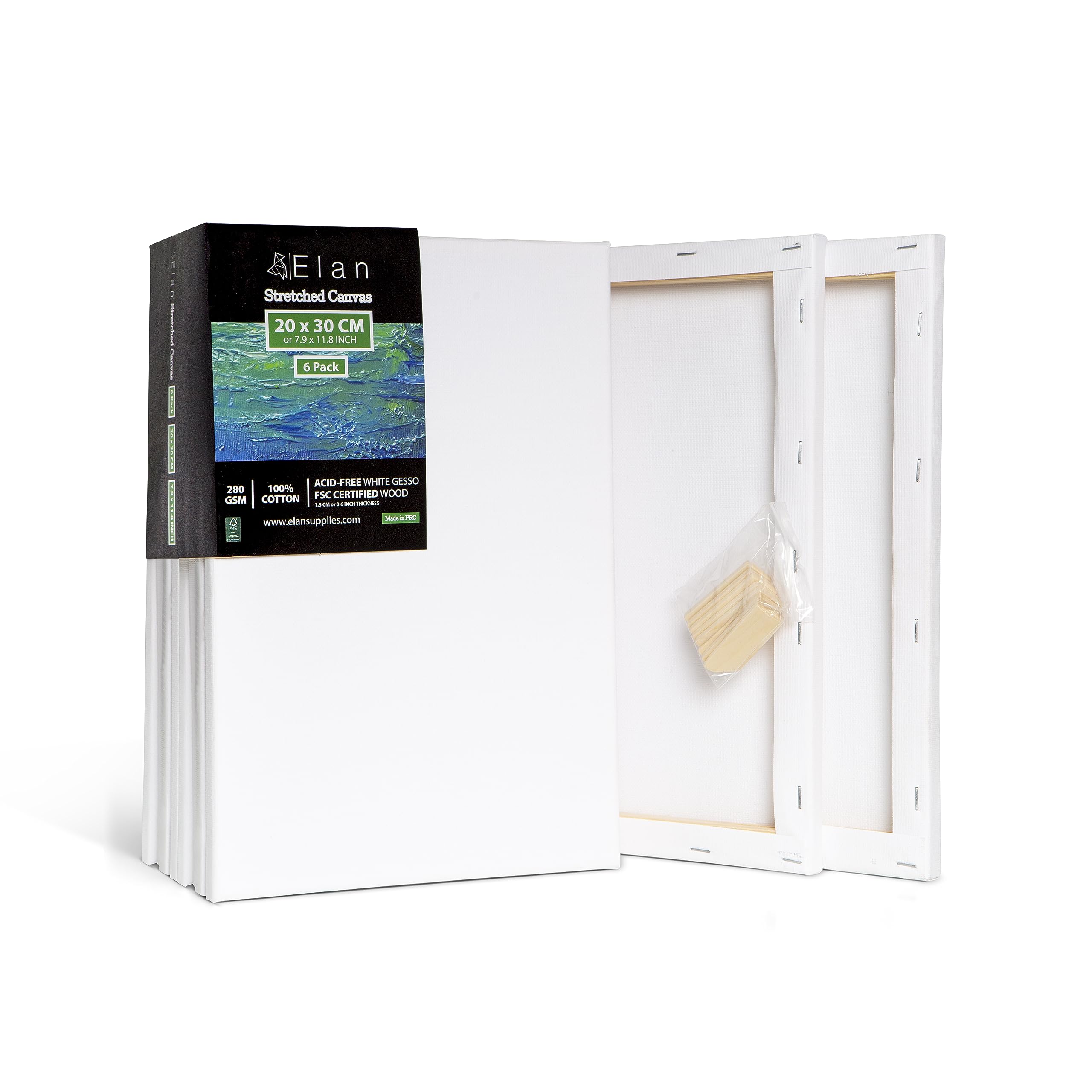Elan Stretched Canvases 20x30cm | 6-Pack Triple Primed 100% Cotton