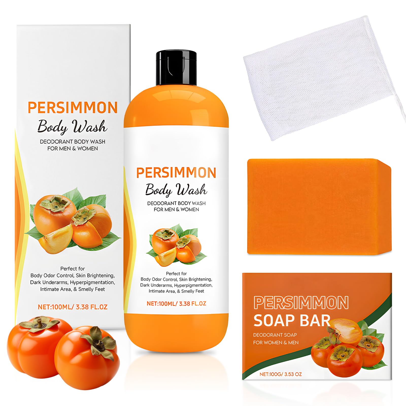Jolof Store Persimmon Soap & Body Wash Set – Natural Deodorizing 3-Piece Kit