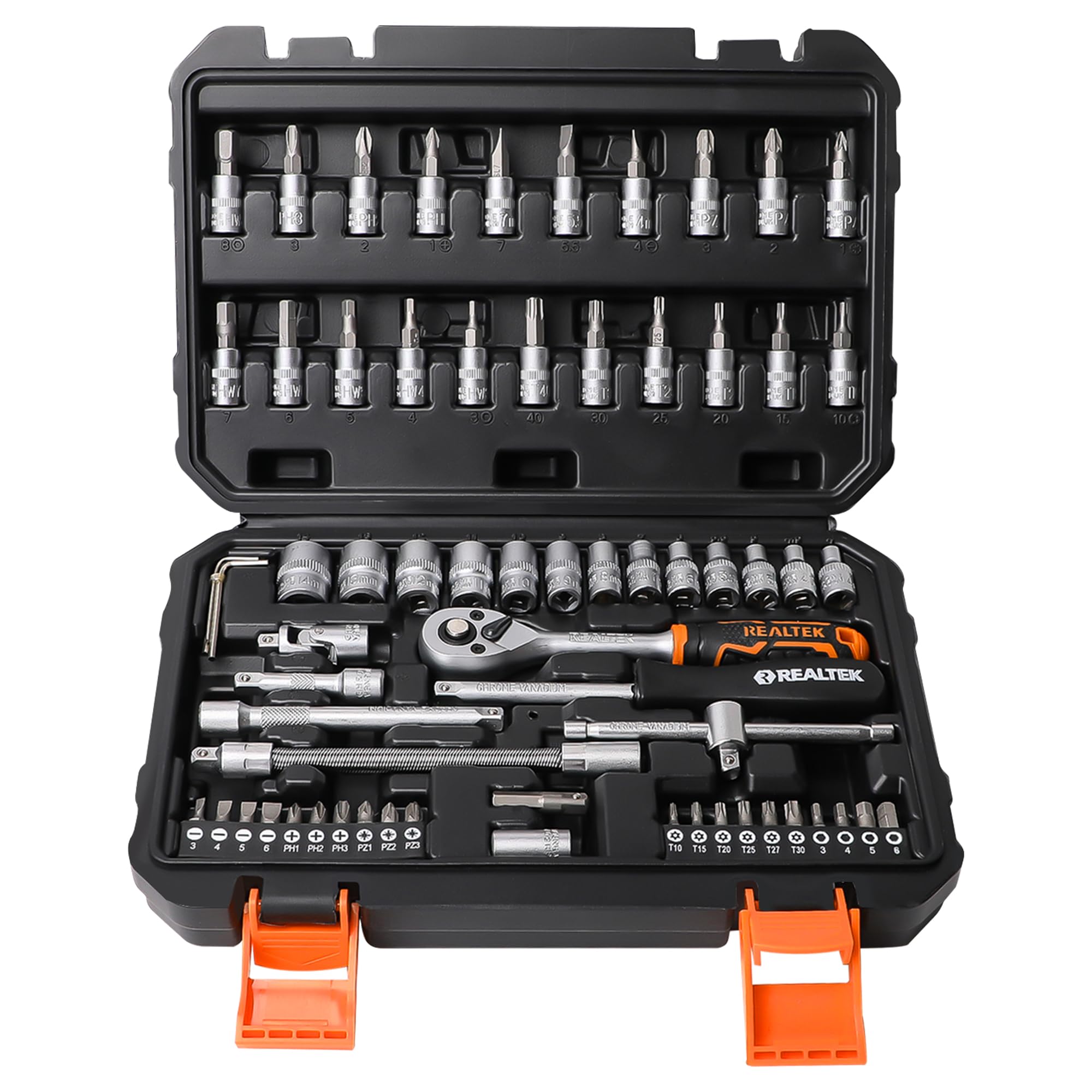 REALTEK 66-Piece 1/4 Inch Drive Socket Set | 72-Teeth Ratchet Wrench Kit