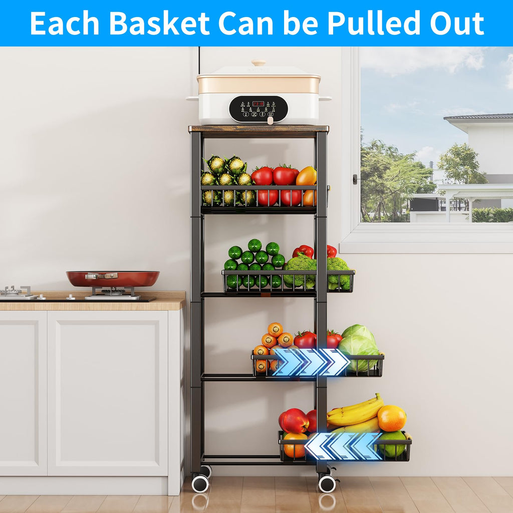 Jolof Store 5-Tier Metal Wire Fruit Vegetable Storage Basket with Wood Top