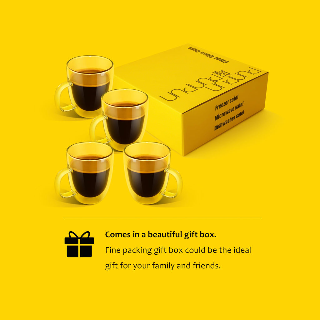 PunPun Double Wall Glass Coffee Mugs – Set of 4 Insulated Clear Cups