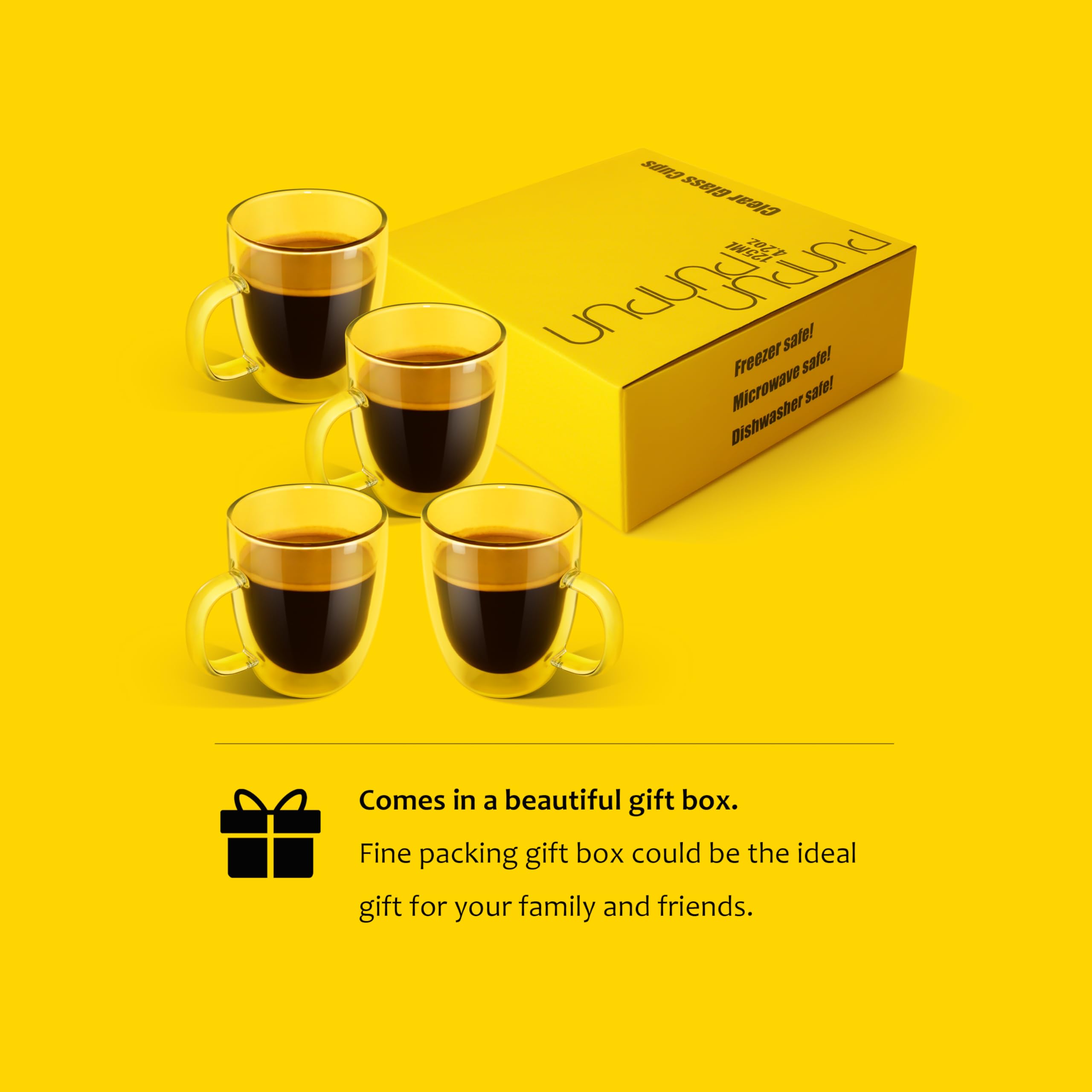 PunPun Double Wall Glass Coffee Mugs – Set of 4 Insulated Clear Cups
