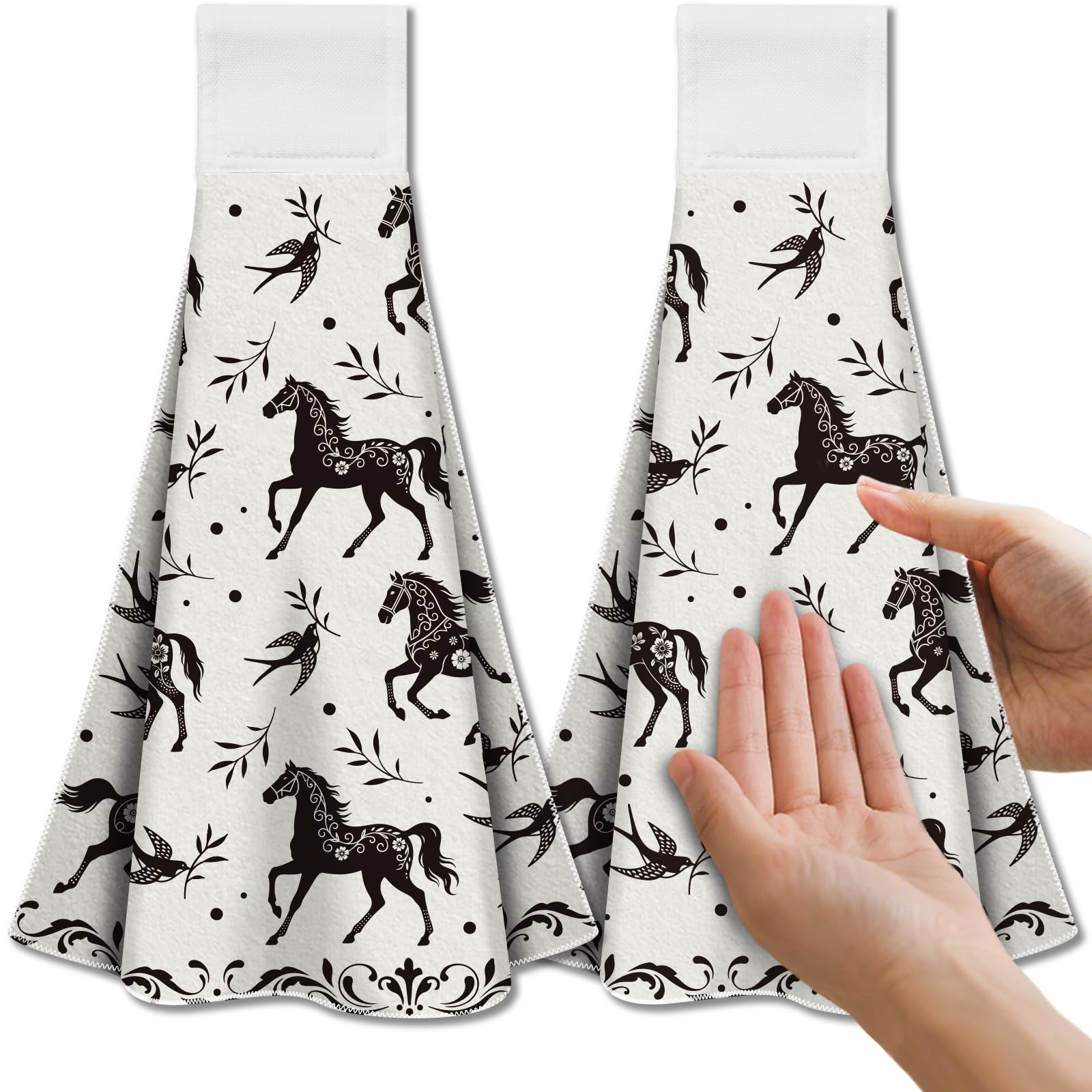 CUTHOLLOW 2Pcs Black Horse & Swallow Microfiber Hanging Kitchen Tea Towels