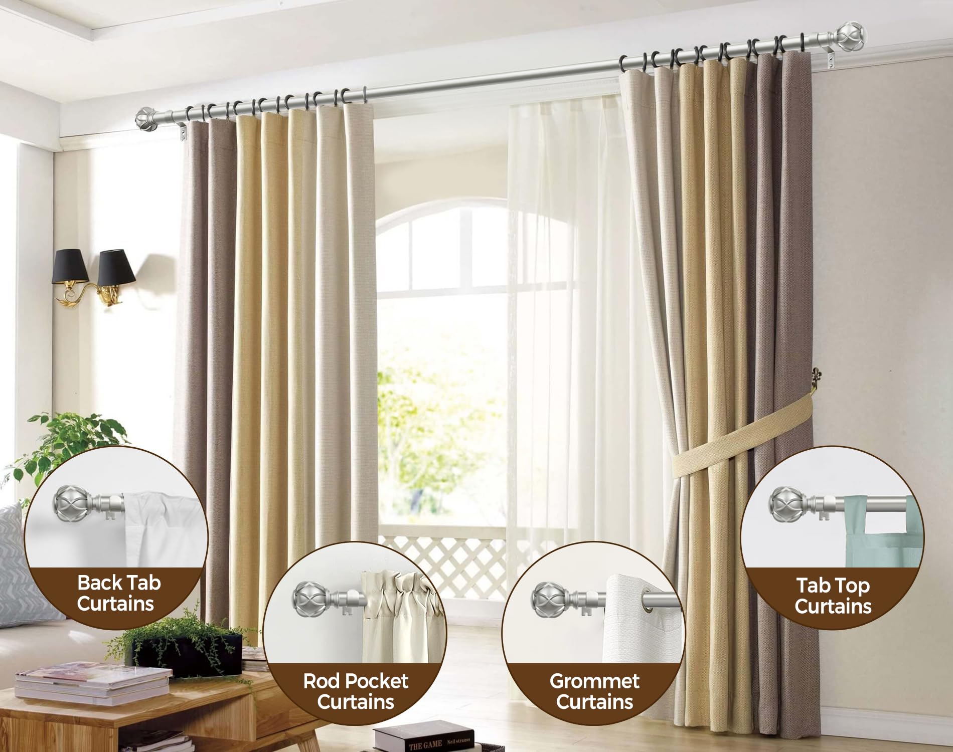 KAMANINA Antique Silver Curtain Pole | 80-304cm Extendable Rod