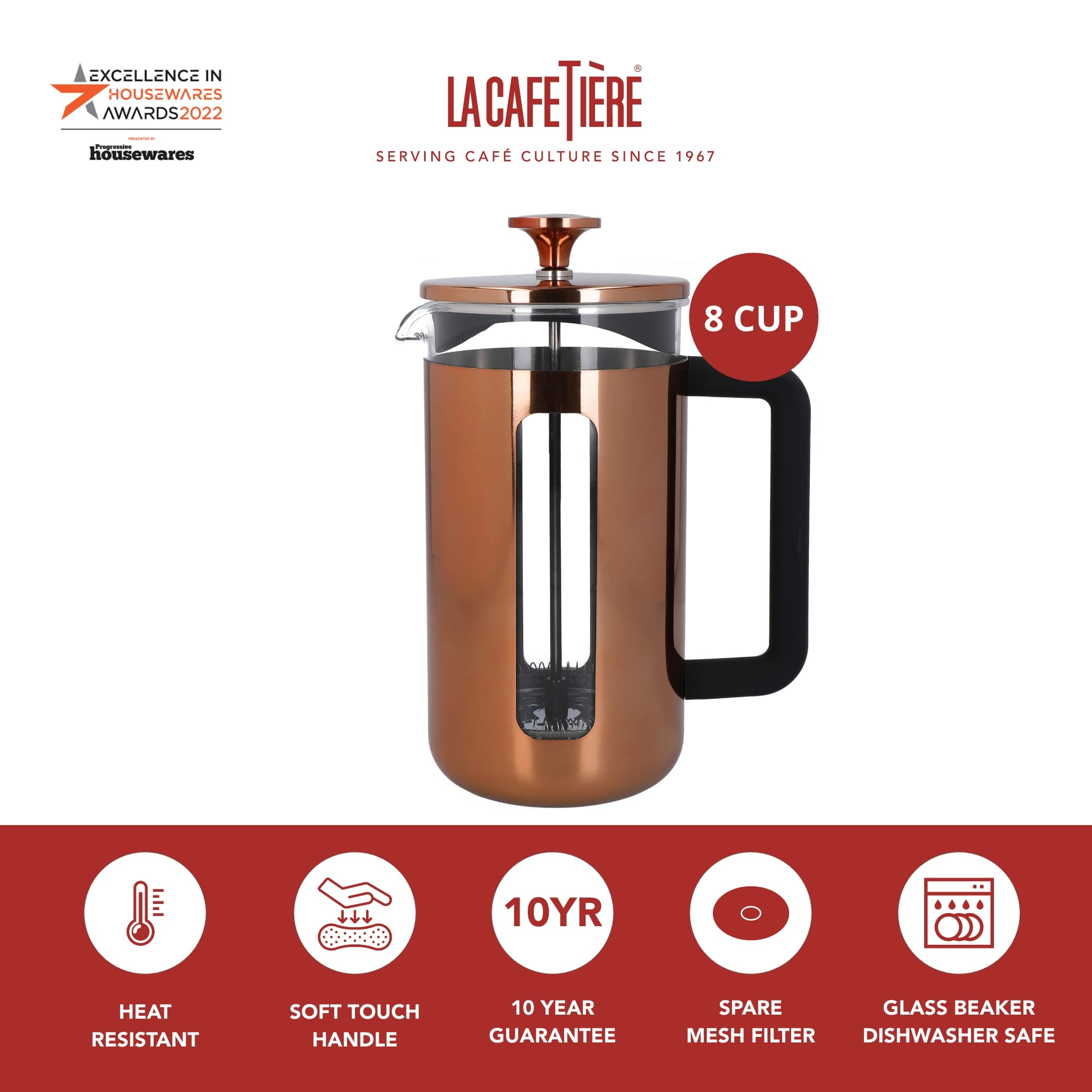 La Cafetière Pisa French Press | 8-Cup Copper Stainless Steel Cafetière