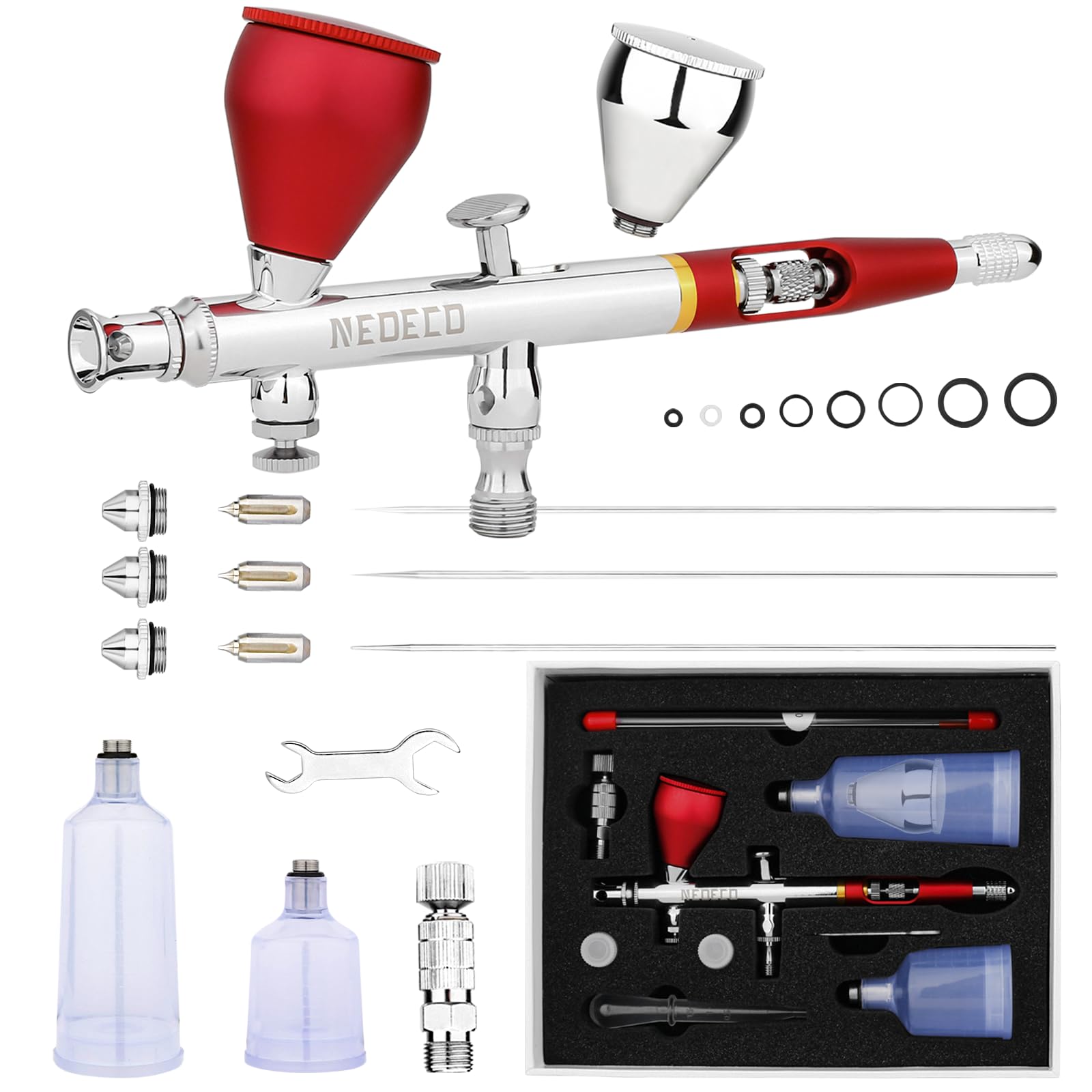 NEOECO SJ83 Dual-Action Gravity Feed Airbrush Kit with 3 Nozzle Sizes