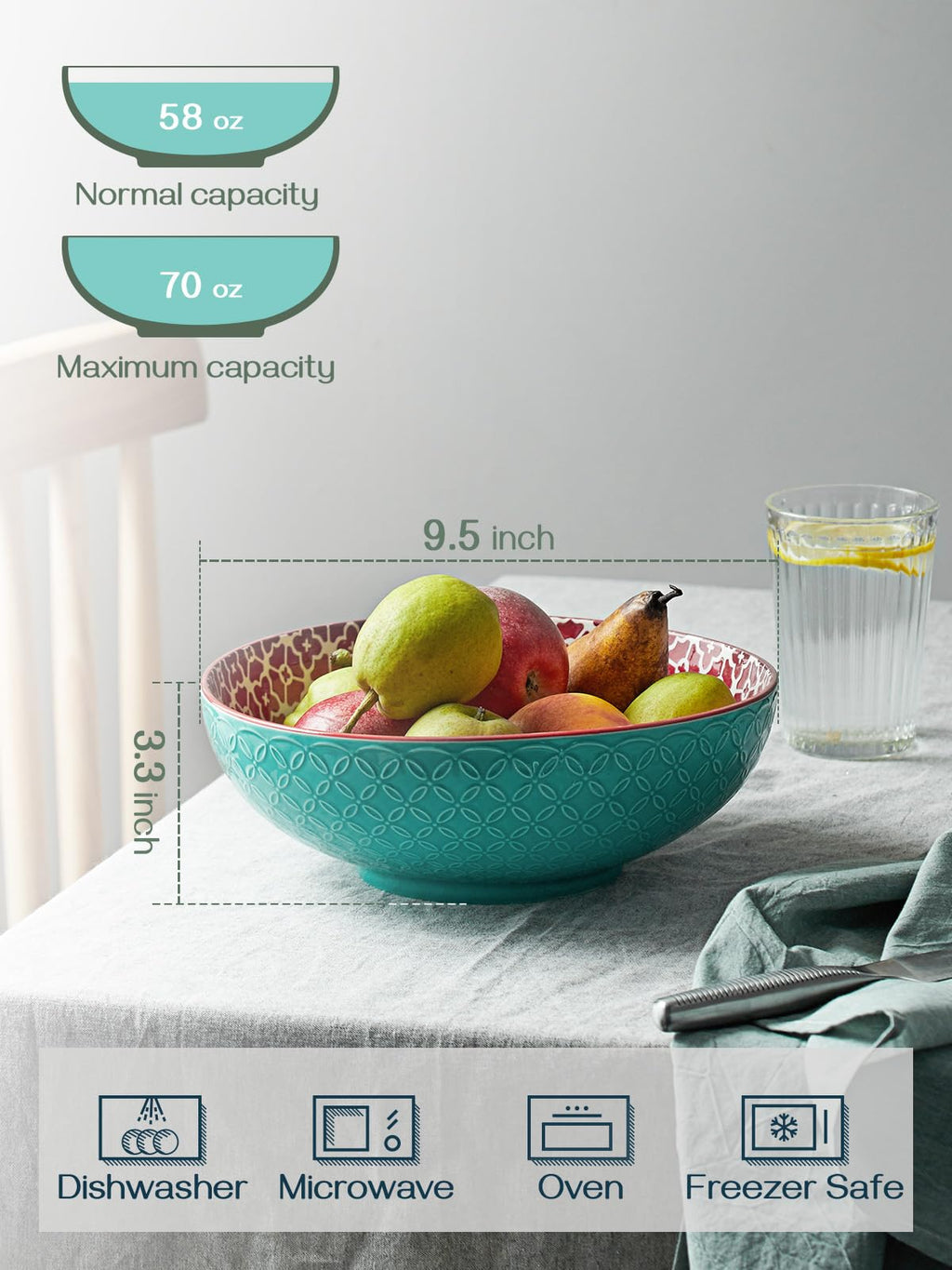 DOWAN Large Ceramic Salad Bowls – 24cm Geometric Pasta Serving Dishes, Set of 2