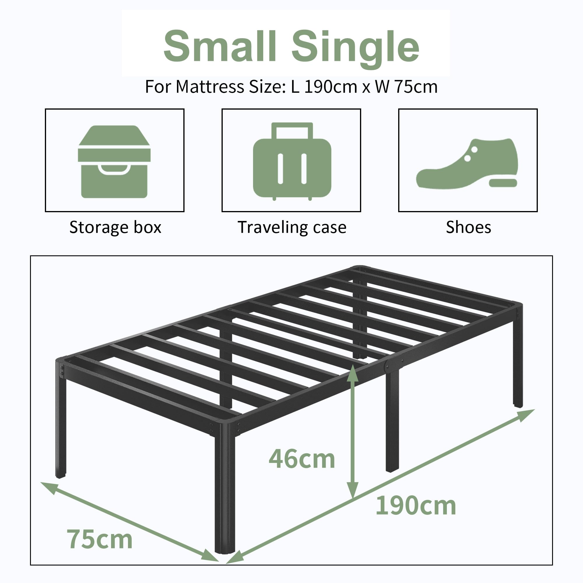 Lutown-Teen 2ft6 Small Single Metal Bed Frame – Heavy Duty 46cm High