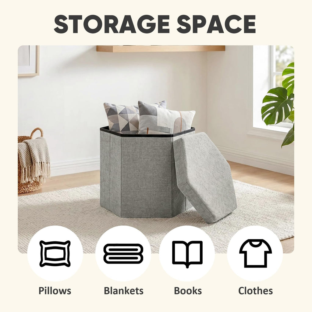 PINPLUS Chenille Ottoman Storage Box, Hexagonal Folding Stool, Silver Grey