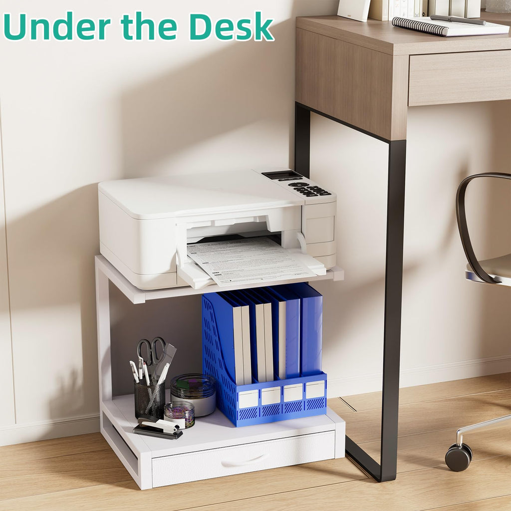 OYRREU 2-Tier Desktop Printer Stand with Fabric Drawer for Storage, White - image 5