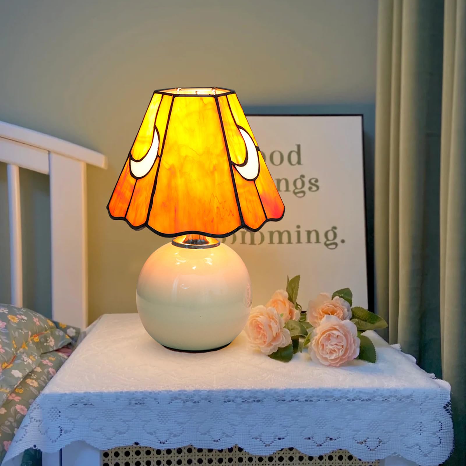 KIPHEPI Mushroom Lamp – Orange Stained Glass Moon Nightlight for Bedside