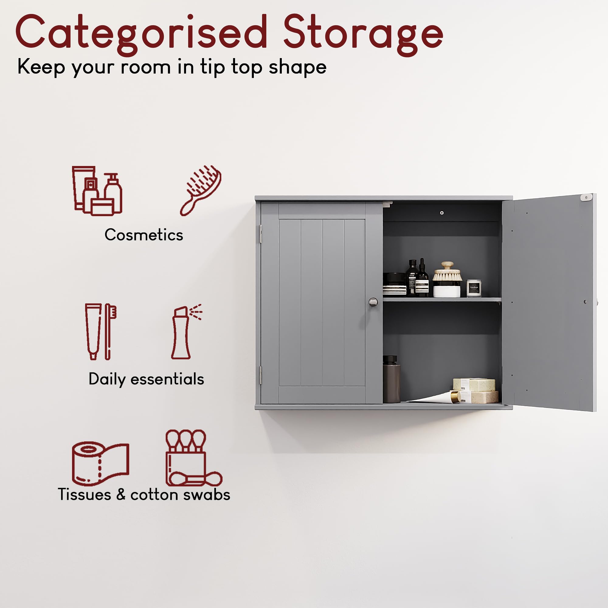 Bath Vida Priano Wall Mounted Bathroom Cabinet - Double Door Grey MDF