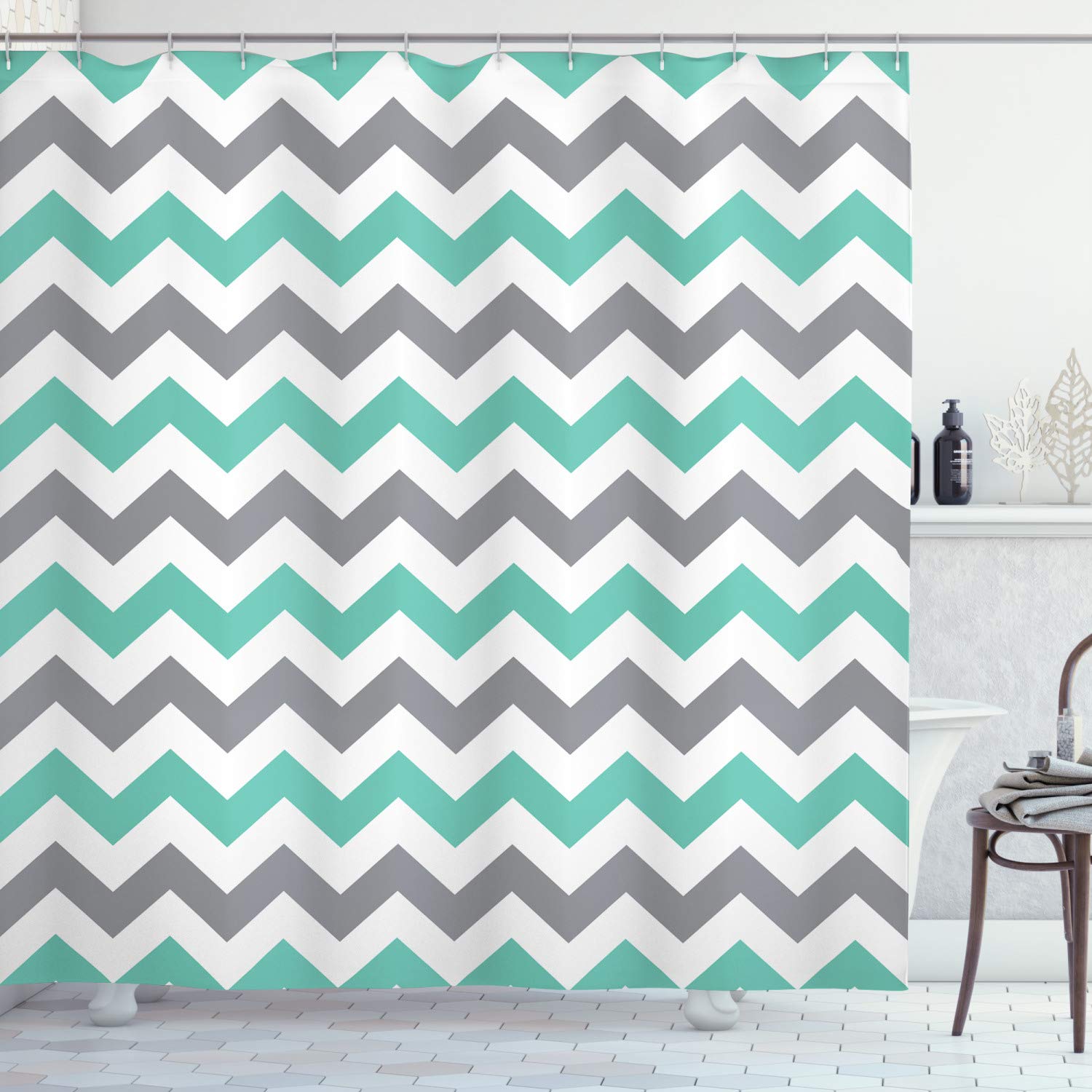 ABAKUHAUS Chevron Fabric Shower Curtain – Waterproof Geometric Decor Set