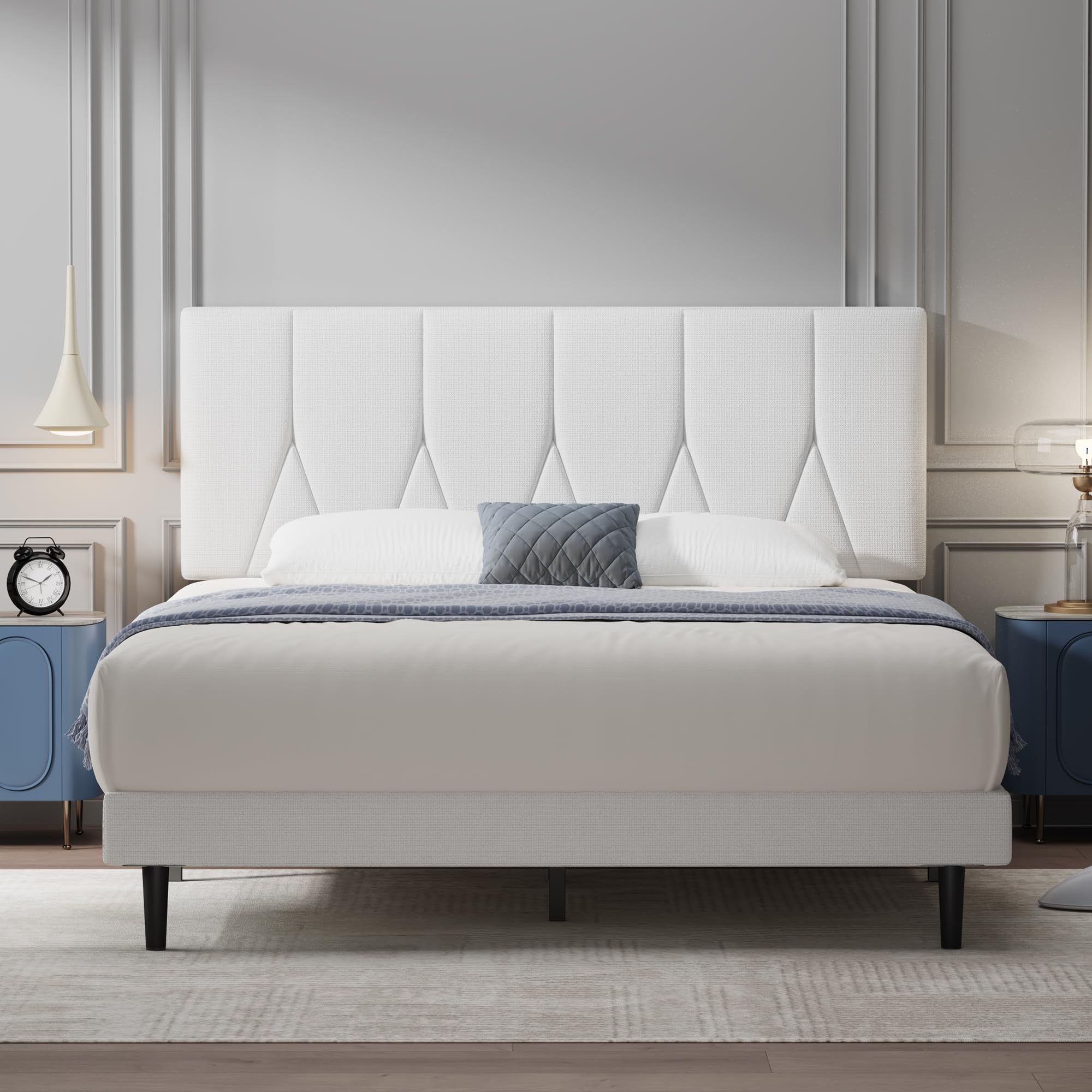 Yocreat Small Double Bed Frame | White Upholstered Linen with Storage