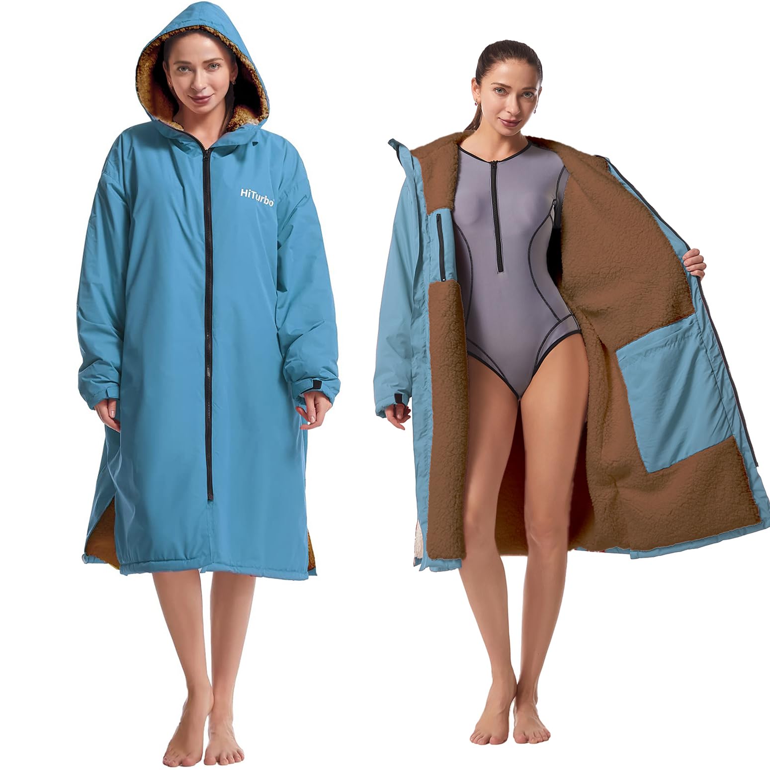 Hiturbo Waterproof Changing Robe – Fleece Lined Surf Poncho Coat in Blue