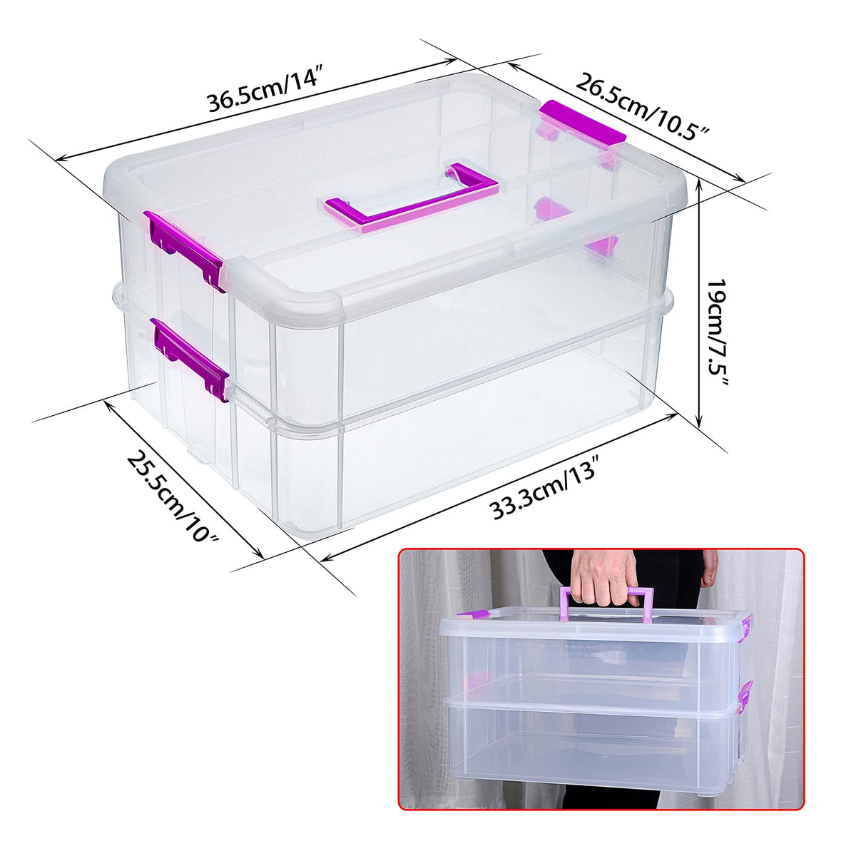 IGNPION 2-Tier Stackable Craft Storage Box Plastic Adjustable Storage Containers with Carry Handle Transparent Containers Organiser for Art & Craft