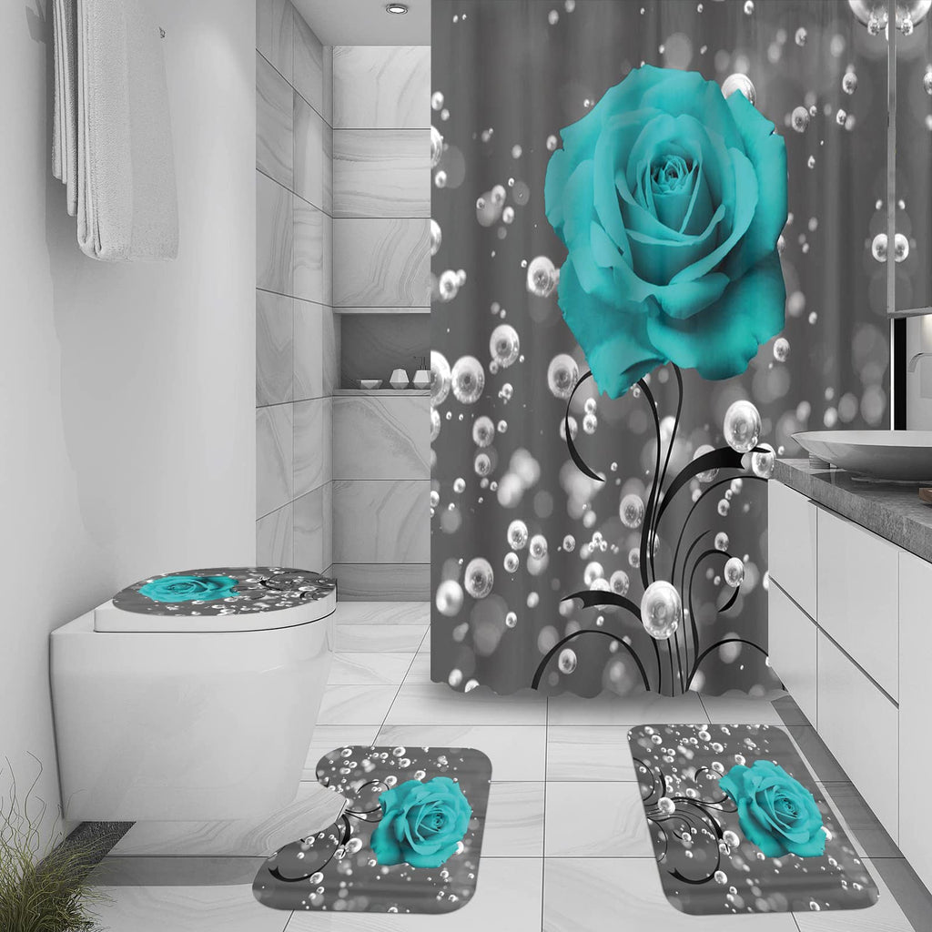 4 Piece Shower Curtain with Bath Rugs Bathroom Sets, Rustic Blue Rose Flower with Butterfly Bathtub Accessory Kit -- Carpet ,U Shape Mat and Toilet - image 3