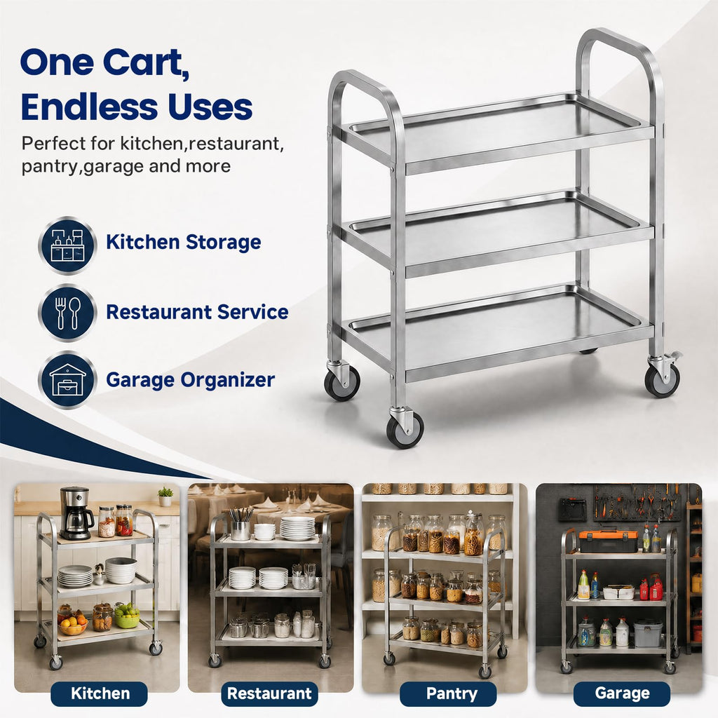 3 Tier Stainless Steel Cart, Rolling Catering Storage Cart 95x50x95cm