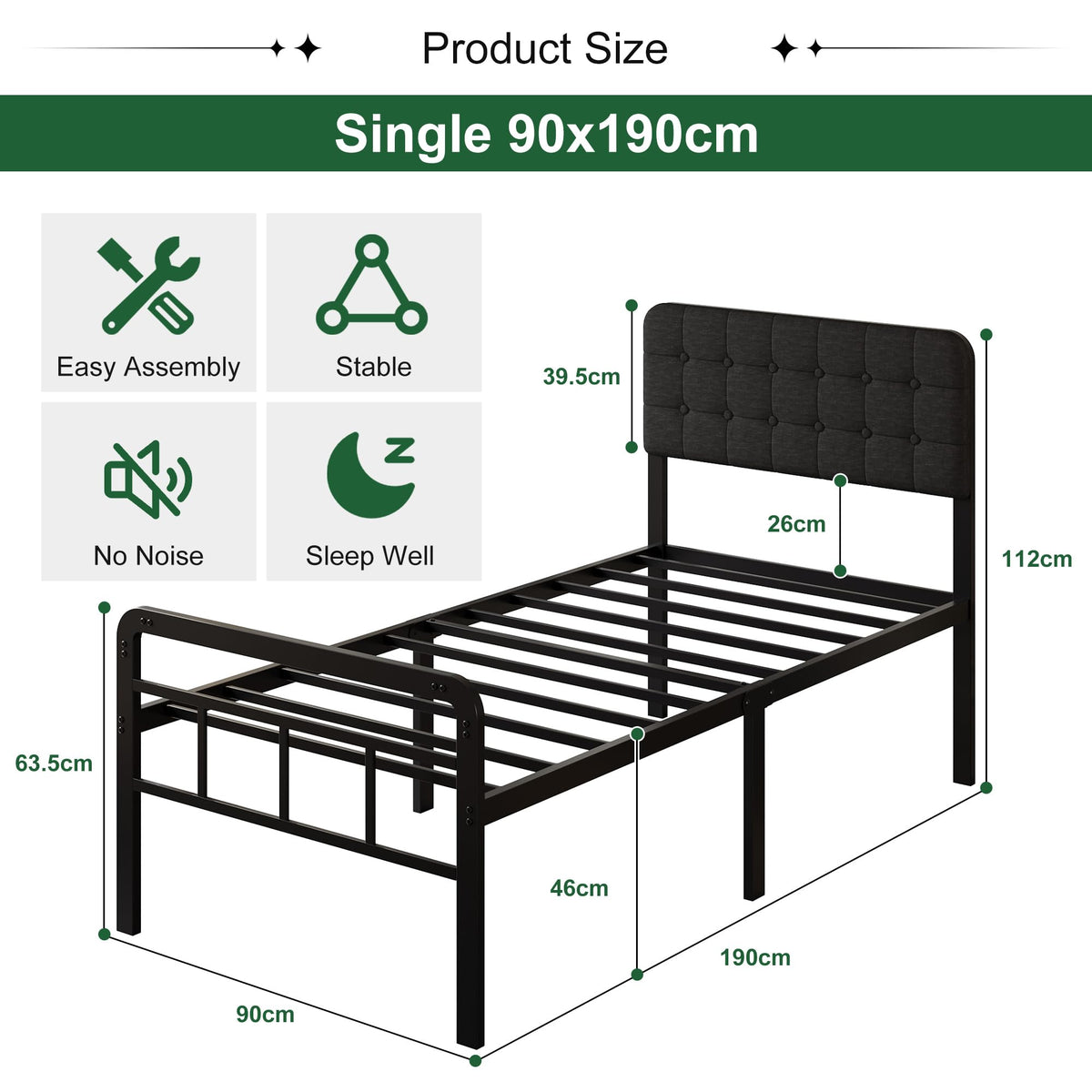 EMODA 3ft Single Bed Frame with Upholstered Headboard and Footboard - image 2
