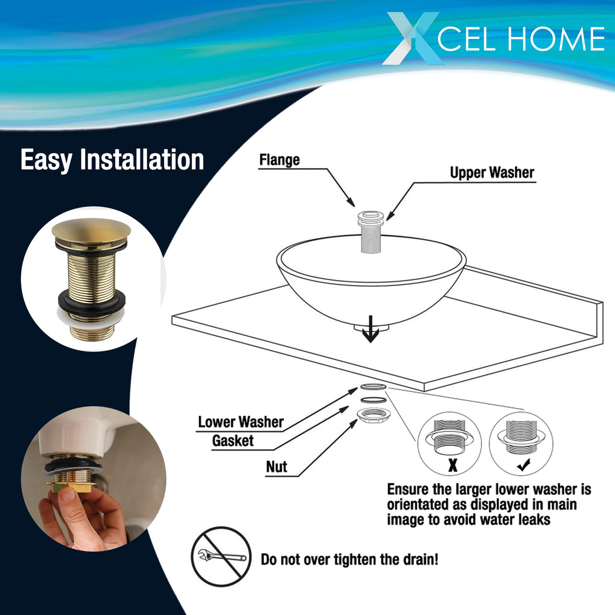 Xcel Home Brushed Gold Unslotted Click Clack Basin Waste | DIY Replacement Round Dome Shaped Brass Pop-Up Sink Plug for Bathroom Sinks & Basins - image 2