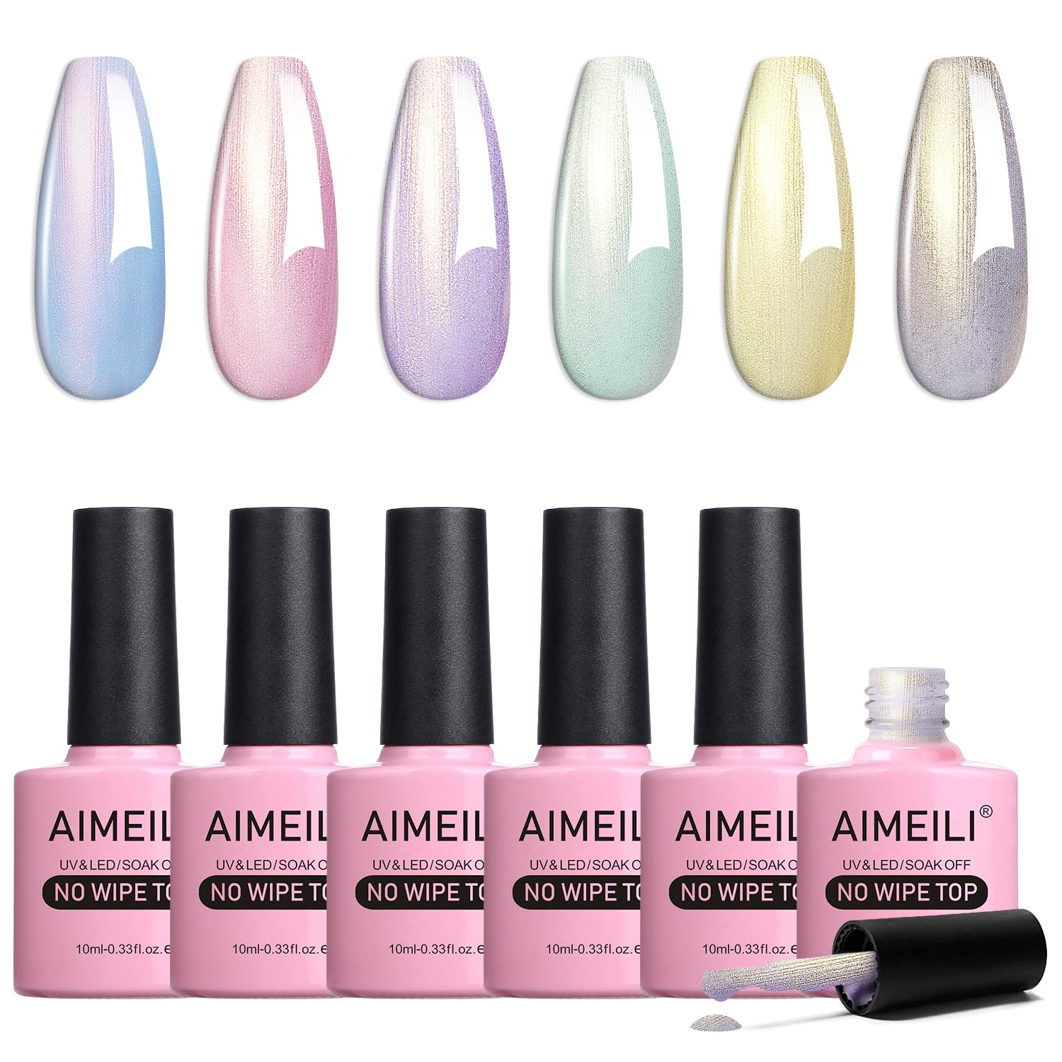 AIMEILI Pearl Glitter Top Coat Gel Polish Set - 6PCS No Wipe Shimmer Kit