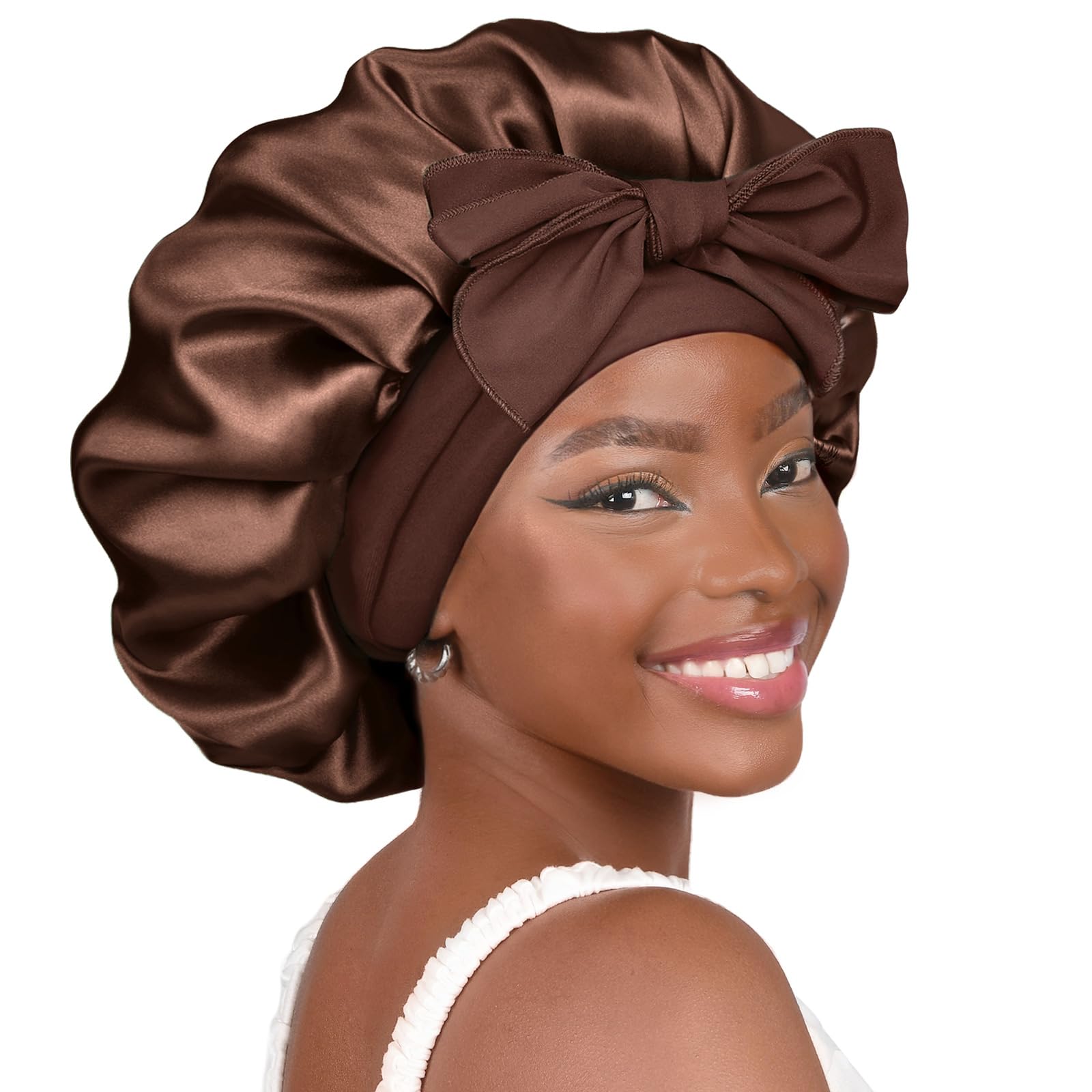 YANIBEST Silk Satin Bonnet for Curly Hair – Non-Slip Sleep Cap, Brown