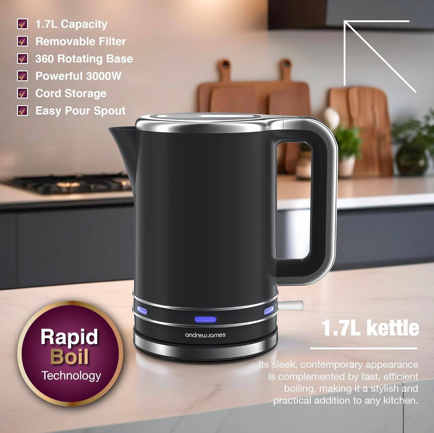 Andrew James Lumiglo Electric Kettle | 1.7L Rapid Boil Cordless - Black